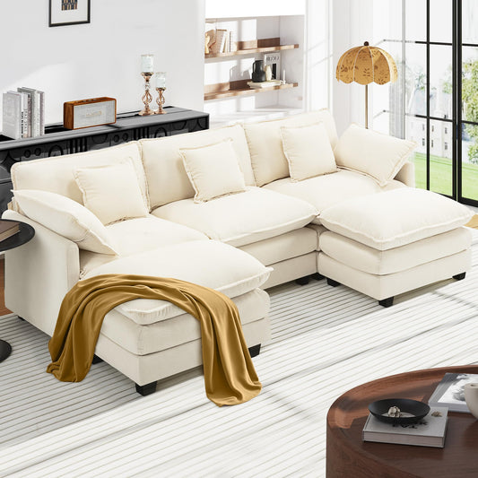 Urhanherry U-Shape Cloud Sofa, Modular Sectional Sofa, 6-Seater with 2 Ottomans, Modern Sofa with Decorative Cushions/Armrests, Breathable Chenille Fabric, U Sofa Couch for Living Room, Beige