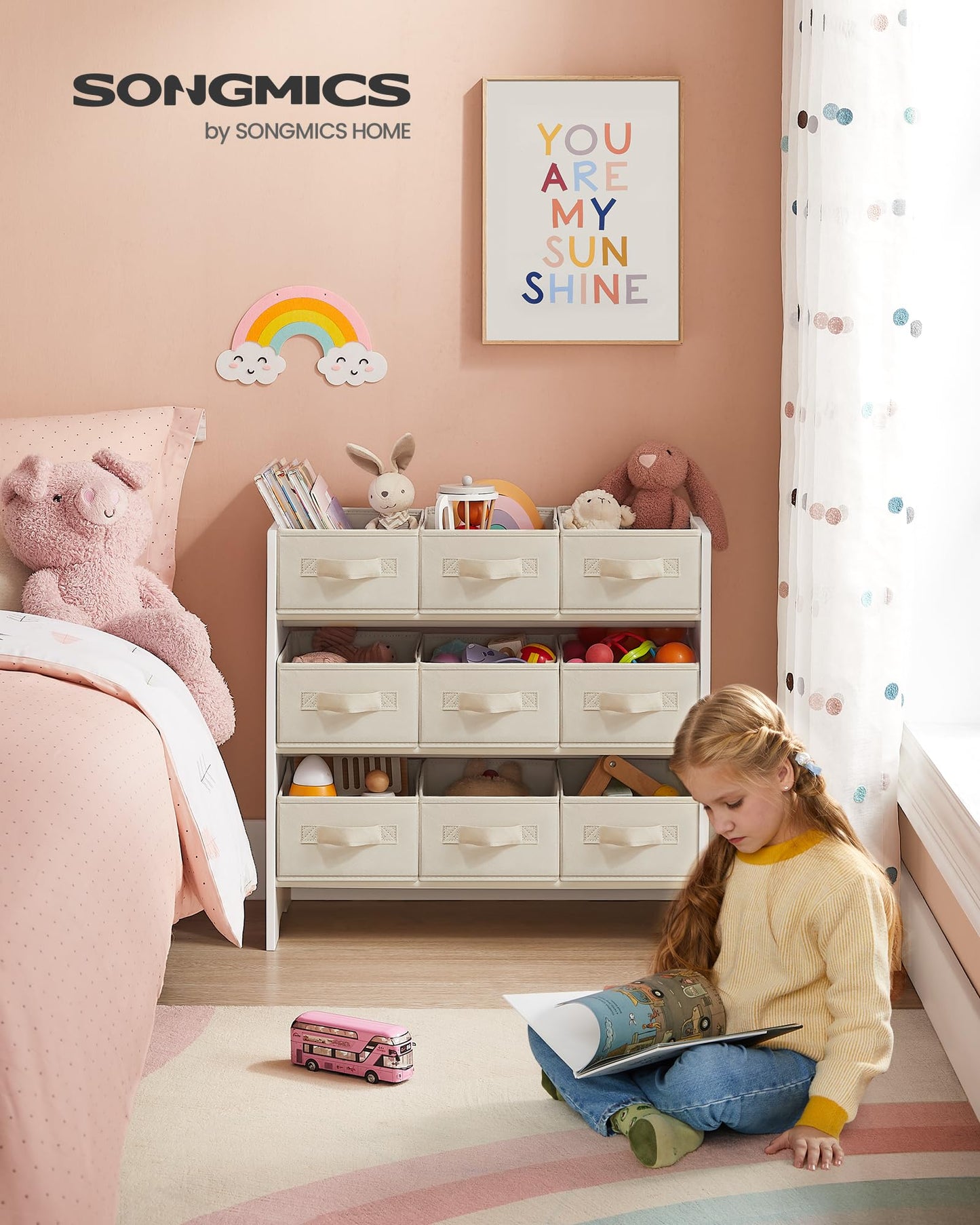 SONGMICS Kinderregal, Spielzeugregal, Bücherregal Kinder, mit 9 Aufbewahrungsboxen aus Vliesstoff, Kinderzimmer Regal, geräumig, 29,5 x 62,5 x 60 cm, wolkenweiß GKR033W10