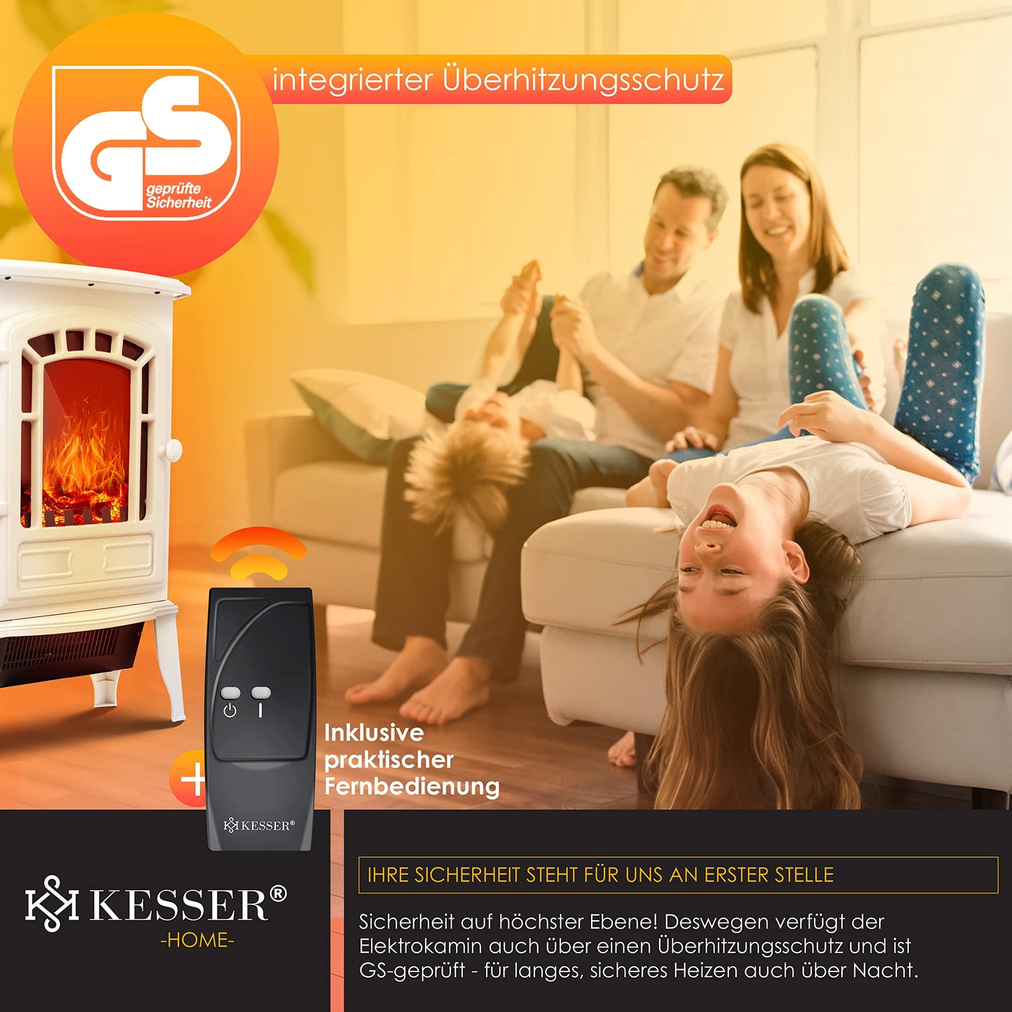 KESSER® Elektrokamin mit Heizlüfter & Fernbedienung 2000W Elektro Kamin Elektrischer Heizung LED Kaminfeuer Effekt Kaminofen Flammeneffekt Heizer Ofen geräuscharm regelbar Grau