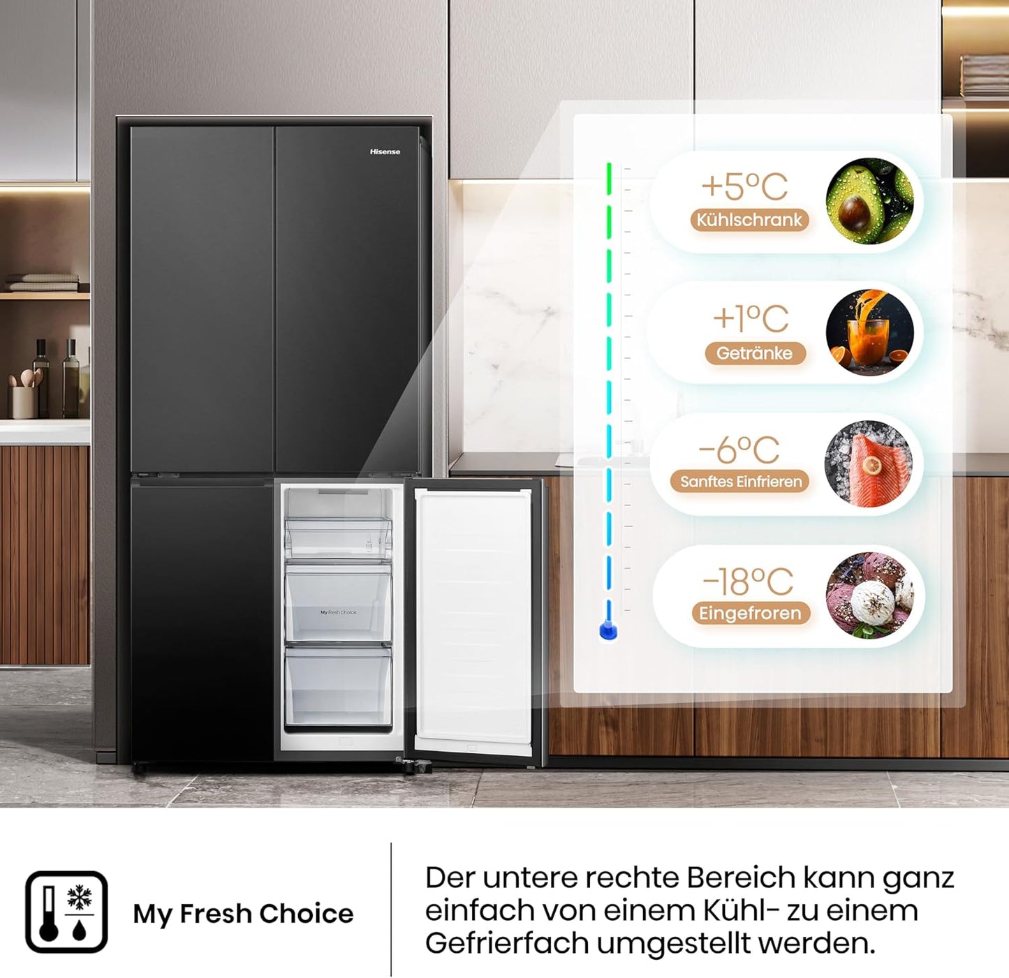 Hisense RQ5P470SAFD Cross-Door Fridge-Freezer, 304 Litre Fridge Compartment, 179 Litre Freezer, Total NoFrost, Wifi, Multi AirFlow, FastFreeze, Energy Efficiency Class D, 178.5 cm x 79.4 cm, Black