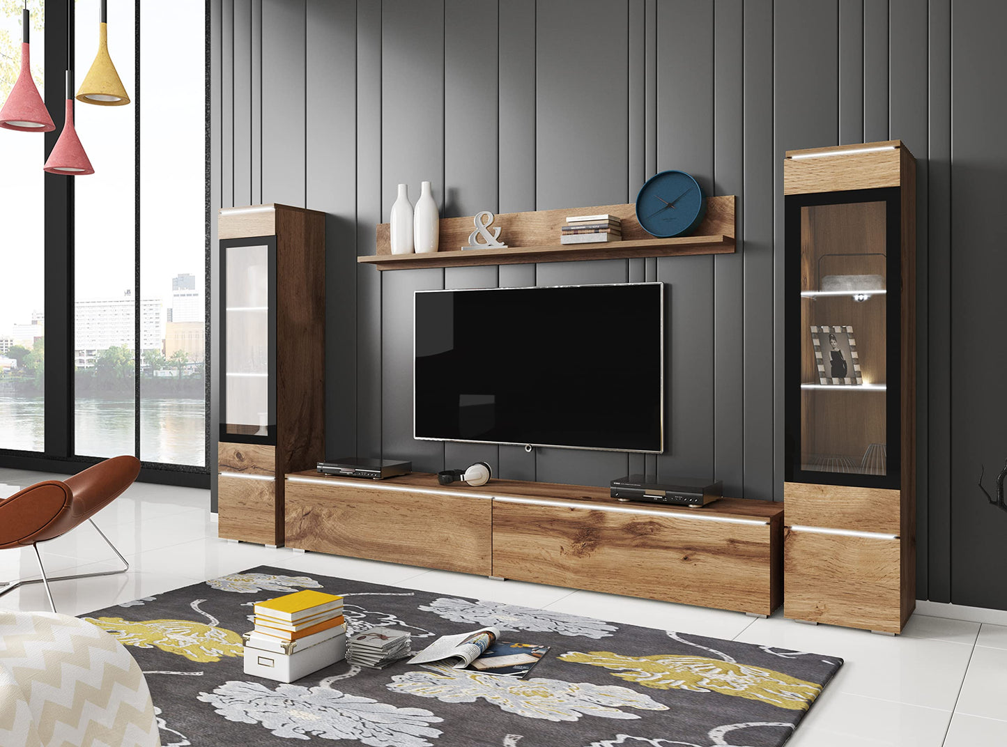 MINIO go for it Veve 2, 4-Piece Wall Unit Set, Hanging or Standing, 2 x Tall Cabinet Display Cabinets, Lowboard, Wall Board, Laminated Clamping Plate, Wotan Oak and Black Gloss, without Lighting