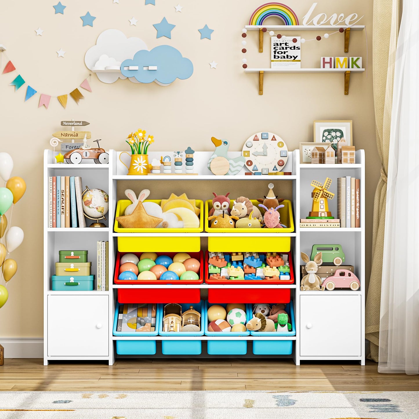 FOREHILL Kinderregal mit 8 Boxen Kinderschrank Holz Bücherregal für Kinder Aufbewahrungsbox Kinderzimmer Möbel mit Spielzeugkiste 138,8 x 94,3 x29,6 cm (rosa)