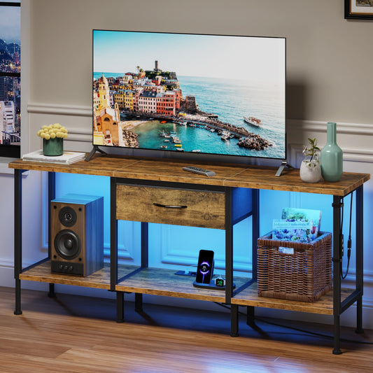 OYRREU TV Cabinet TV Stand Lowboard with Socket and USB Slots TV Cabinet with LED Lighting TV Board Table for TVs up to 55 Inches for Living Room Dining Room Bedroom Black