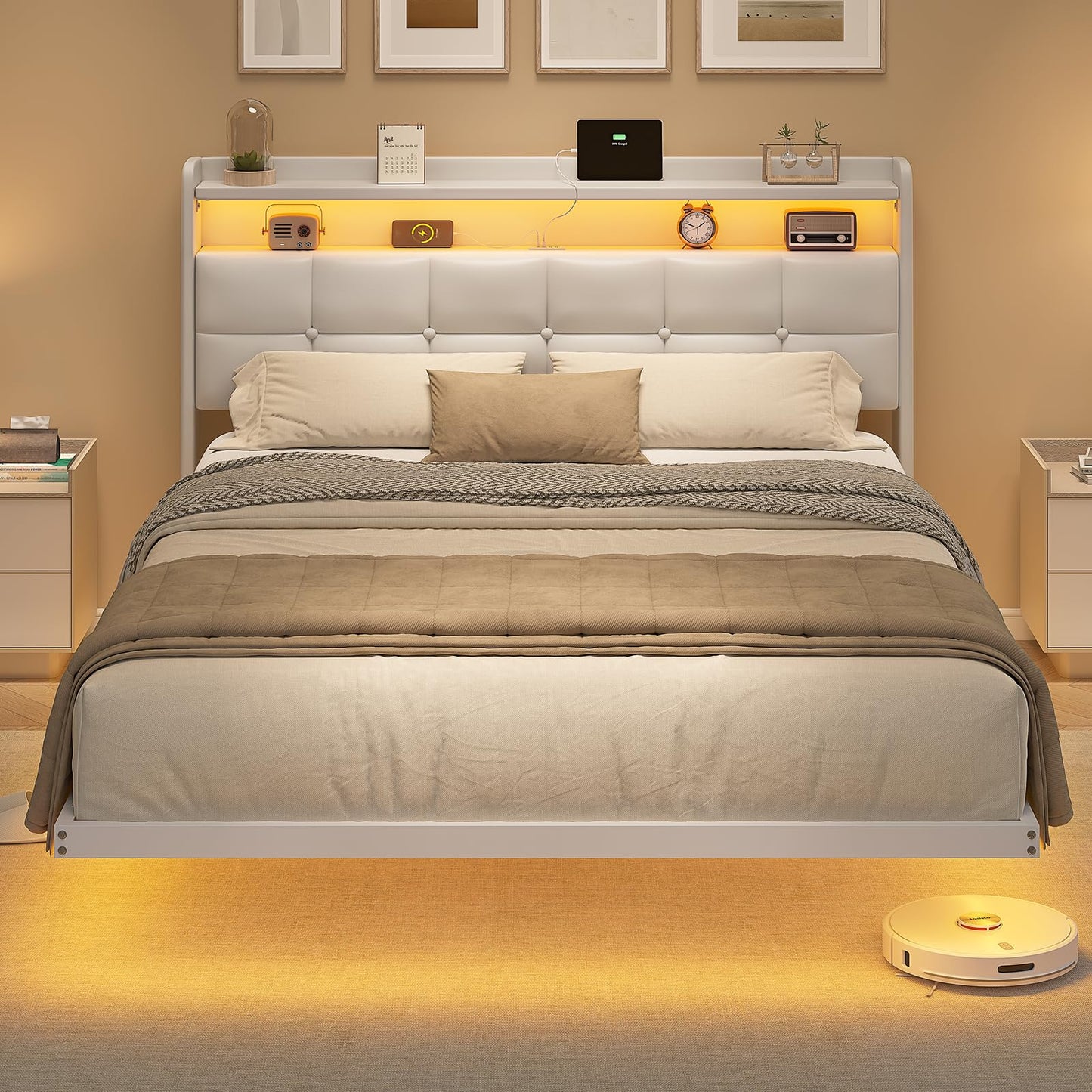 AOGLLATI Upholstered Bed 140 x 200 cm, Double Bed Frame, Bed Frame with LED Lighting and Charging Station, Bed Frame with Headboard, Bed Floating Bed Frame, Metal Bed, Linen, Dark Grey (without