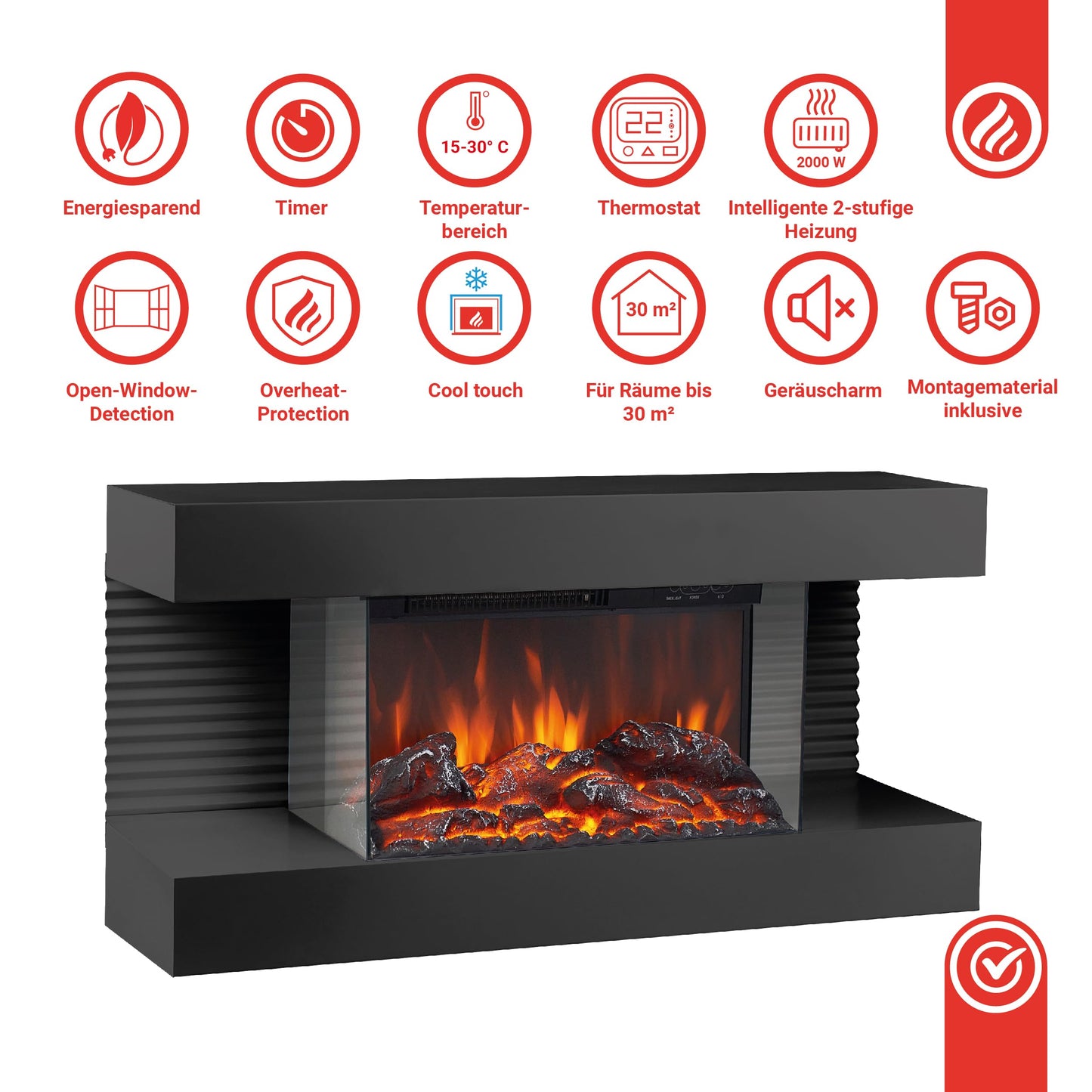 KAMINIO Elektrokamin Liz - Elektrischer Wandkamin mit Heizung, 3D-Flammeneffekt, LED-Ambientelicht, Fernbedienung (Schwarz)