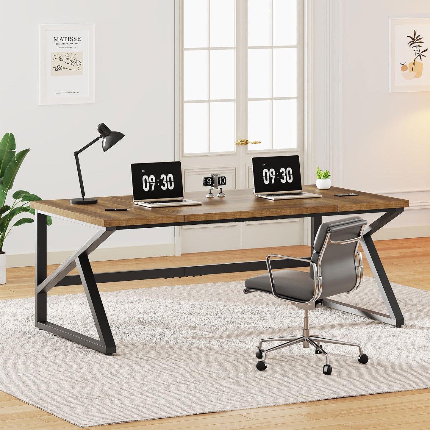 IBF Desk in Brown Colour with a Length of 70 Inches, Industrial Large Double Metal and Wood Desk for Computer, Long Office Table for Home