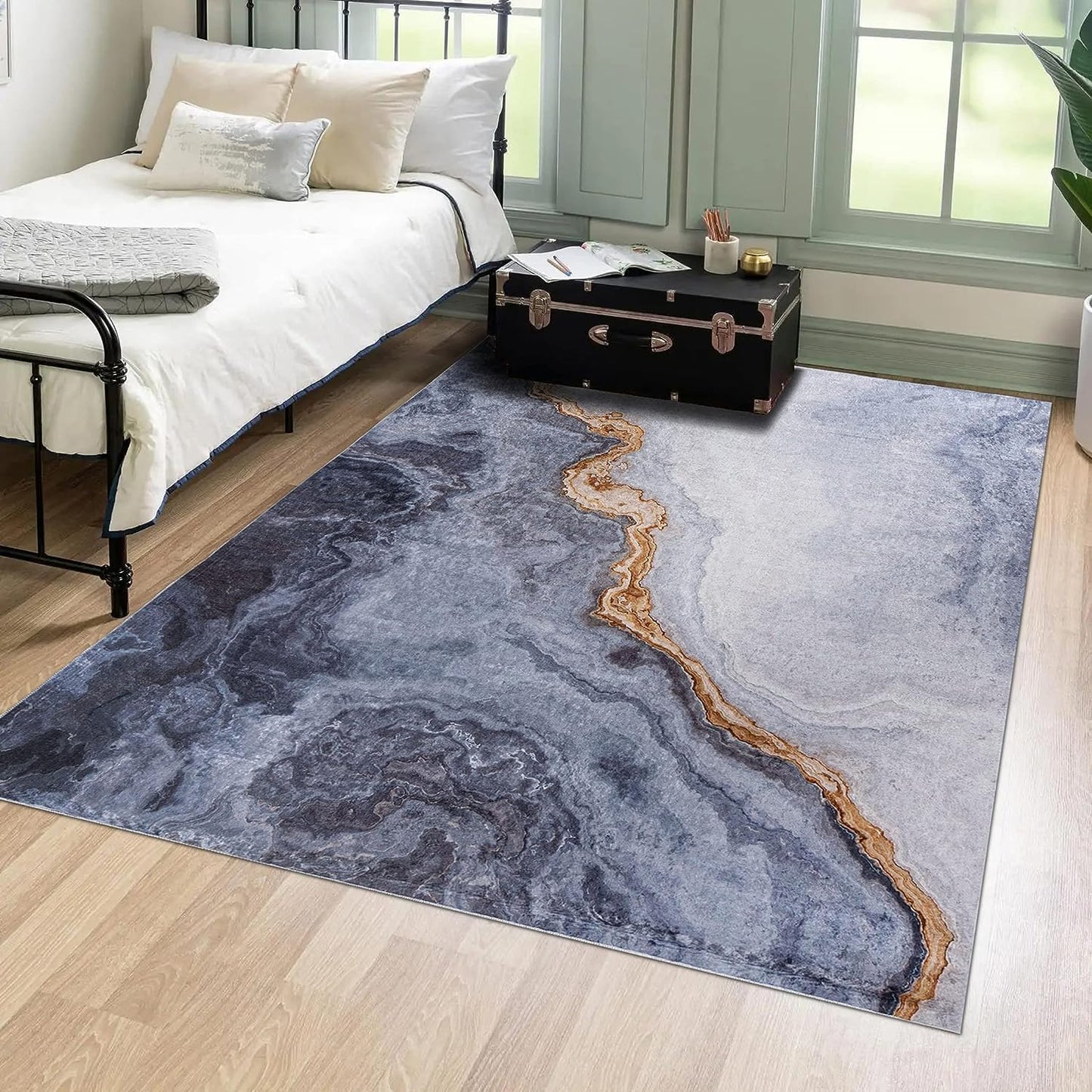 Mazovia Modern Teppich - Kurzflor Waschbar - Weich Teppich für Wohnzimmer, Schlafzimmer, Esszimmer – Teppiche Marmor Abstrakt Muster - Schwarz Gold 160 x 230 cm
