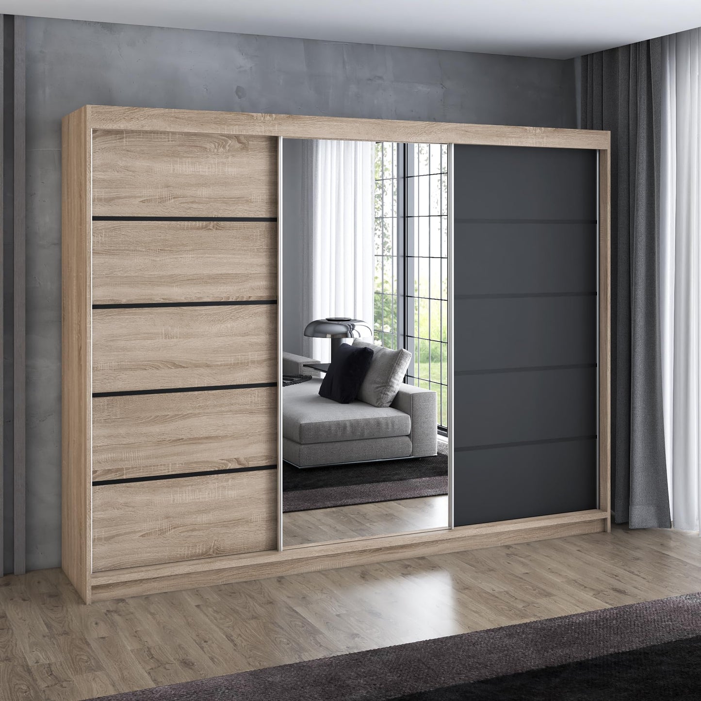 A&J MöbelLand Schwebetürenschrank VILANO 2, 3-türig Schrank 200 cm Kleiderschrank mit 4 Schubladen, und Spiegel (Weiß, Schwarz, Somona) (Schwarz/schwarz/schwarz)