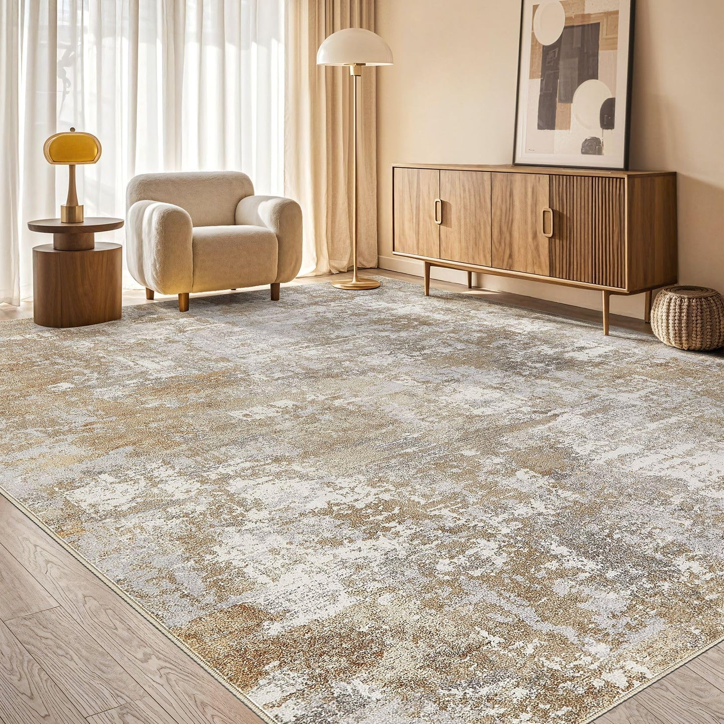 Tortania Washable 5x7 Area Rug for Living Room: Modern Abstract Neutral Large Soft Thin Rugs - Non Slip Indoor Carpet for Bedroom Dining Room Office Nursery Home Floor Decoration - Grey