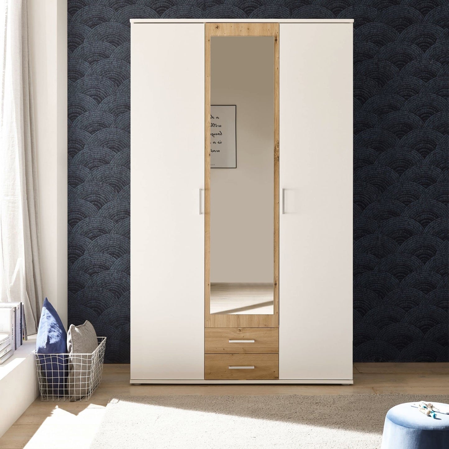 Stella Trading HANAU Wardrobe with Mirror Door in White, Graphite, Versatile Hinged Door Cupboard, 4 Doors for Your Bedroom, 160 x 196 x 54 cm (W x H x D)