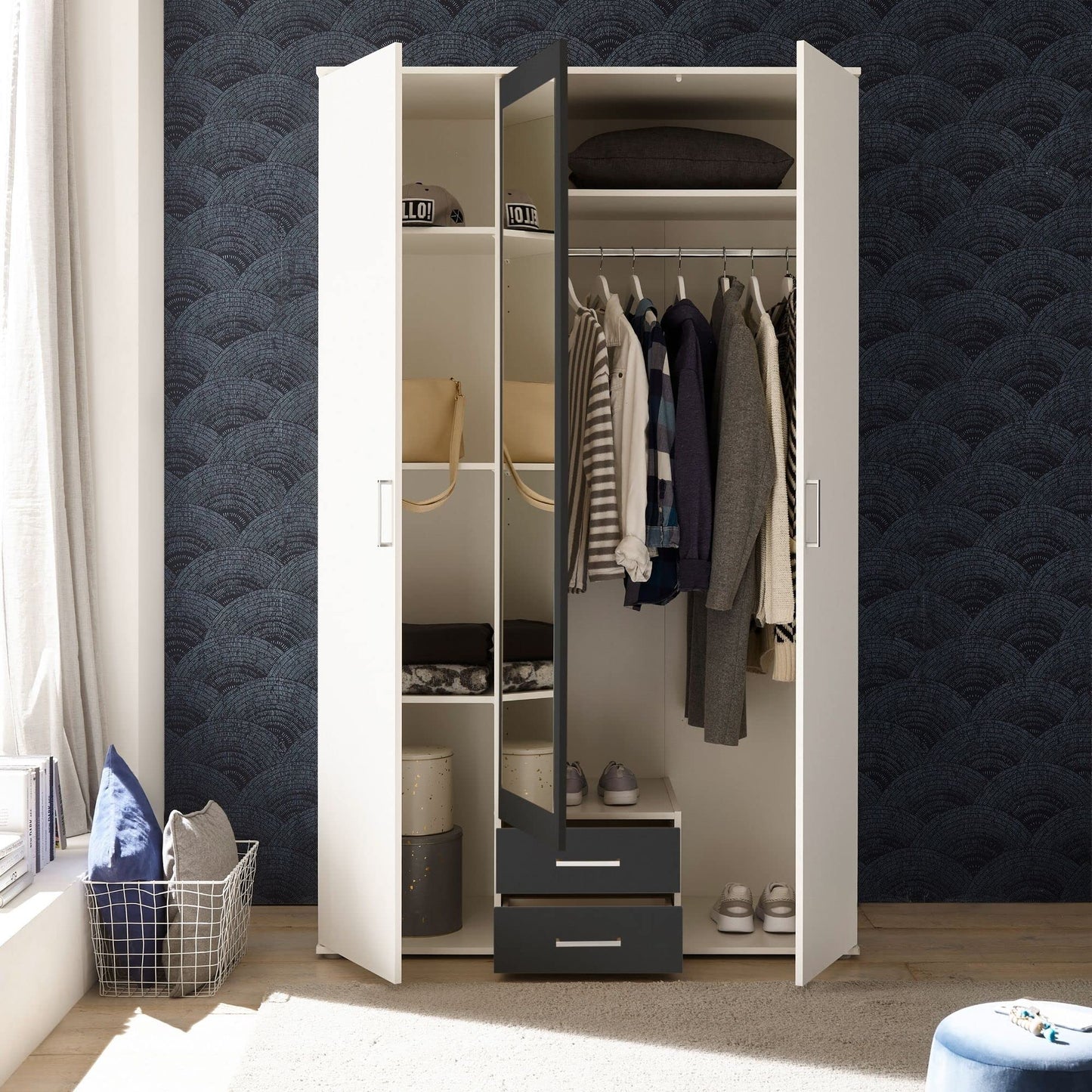 Stella Trading HANAU Wardrobe with Mirror Door in White, Graphite, Versatile Hinged Door Cupboard, 4 Doors for Your Bedroom, 160 x 196 x 54 cm (W x H x D)