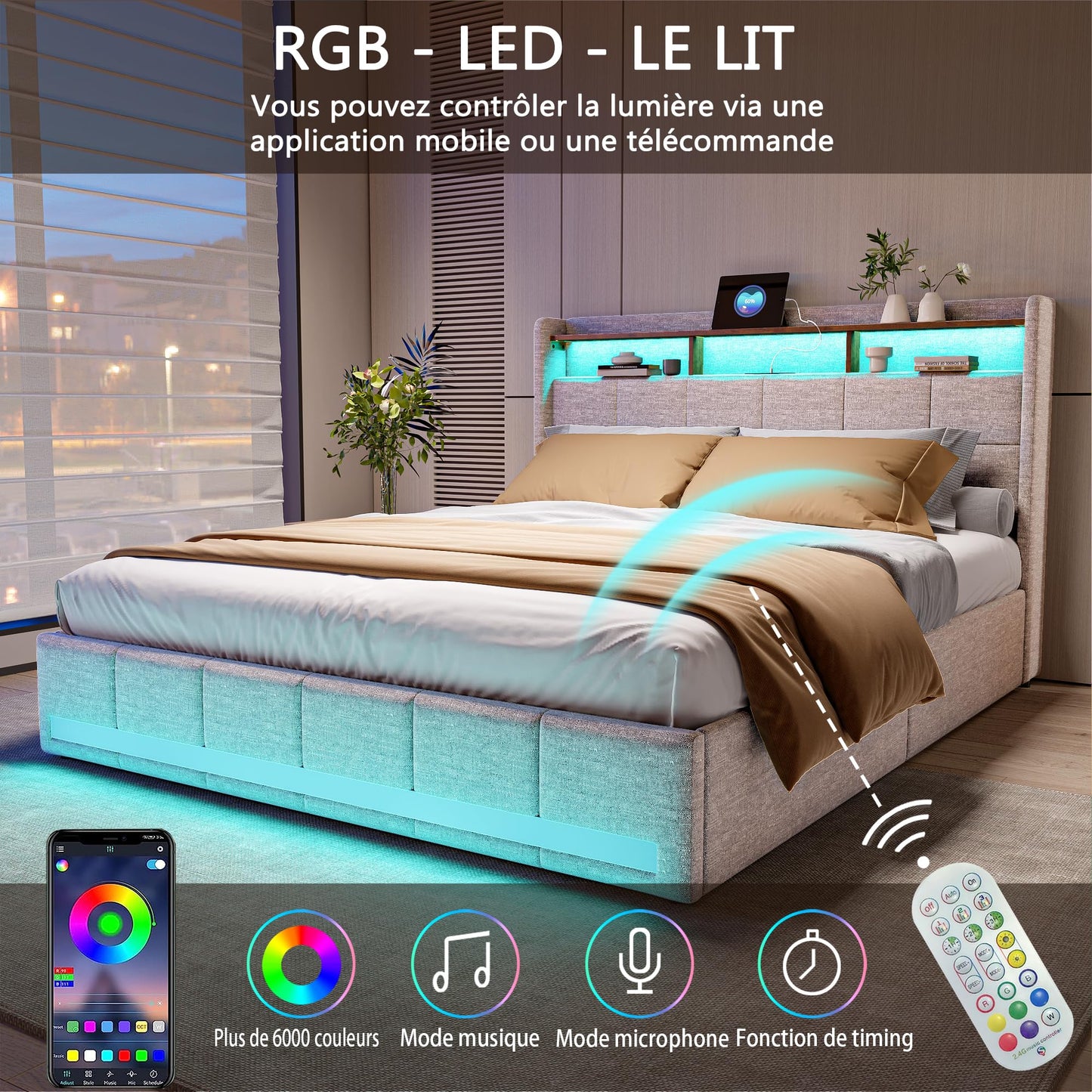KeepGoon Doppelbett 140 x 200 cm,Polsterbett mit LED-Leuchten, 4 Eisenschubladen und einem USB Ladeanschluss,Stauraumbetten Bettgestell,Leinenstoff (Beige)