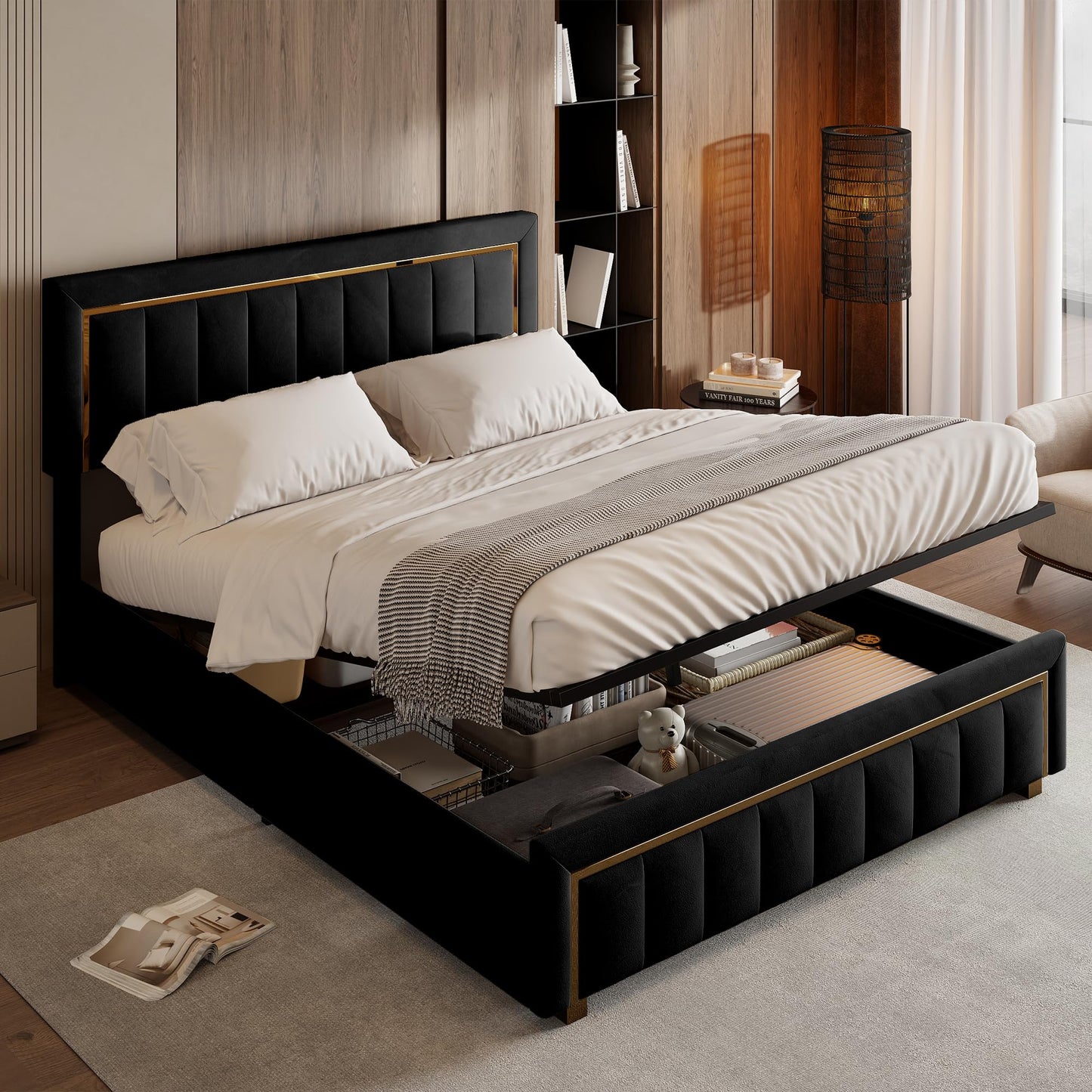 WOBOPCG Upholstered Double Bed 140 x 200, Hydraulic Storage Bed with Slatted Bases, Double Bed with Storage Space, Functional Bed with Storage Space (Grey + Flannel, 140 x 200)