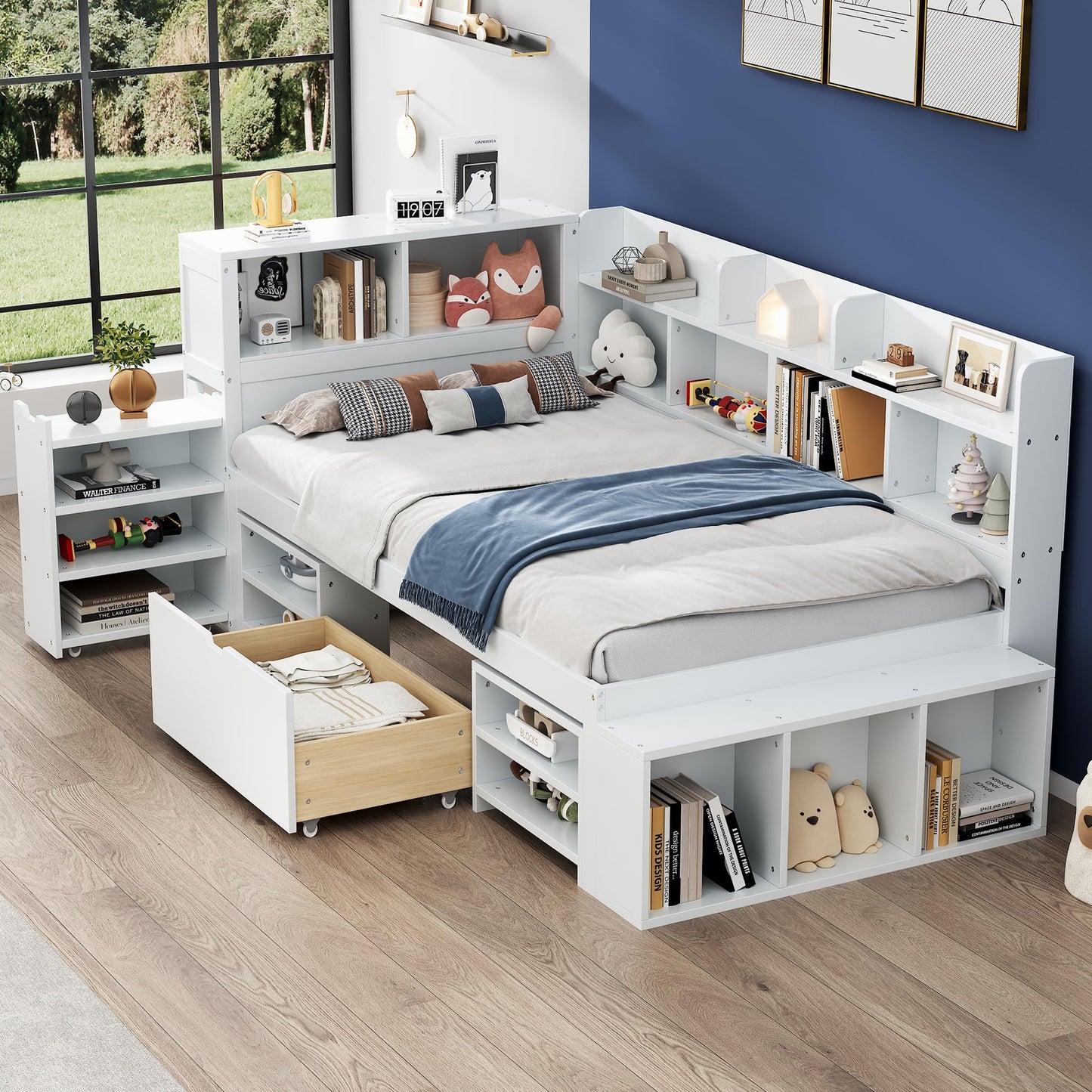 xixiworkshop Kinderbett 90x200cm Ausziehbett Bett mit Stauraum und USB-Steckdose/Mehreren Ablagefächern multifunktionales Jugendbett/Gästebett/Doppelbett mit Stauschrank Lattenrost,Ohne Matratze,Grau