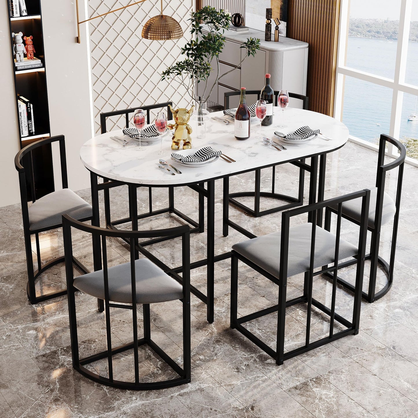 Gegtuon Esstisch 7 teilig für 6 Personen 140x80x76cm, Esstisch Rund mit 6 Stühlen und Tisch, Modern Küchentisch Metallgestell mit Rückenlehne, Essgruppe für Esszimmer Wohnzimmer Küche, Schwarz