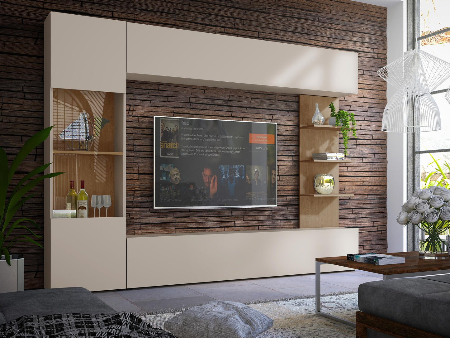 Lazando Wall Unit, Media Wall, Cabinet Wall Consisting of Wall Cabinet, Display Cabinet, TV Lowboard and Wall Shelf (Cashmere/Cremona Oak, with White LED Lighting)