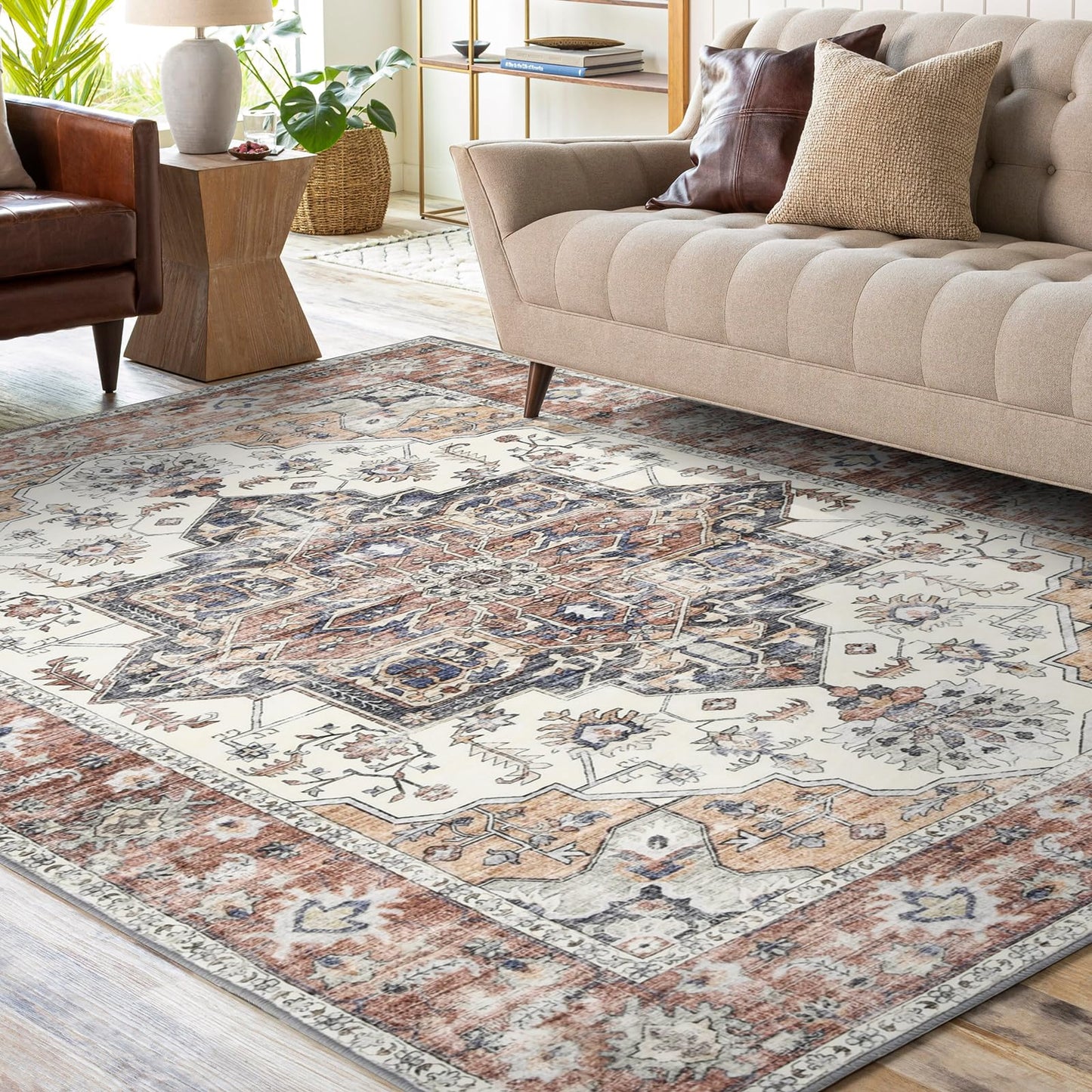 WONGS BEDDING Boho Rug Living Room Bedroom Short Pile Rugs Washable Soft Non-Slip Vintage Design