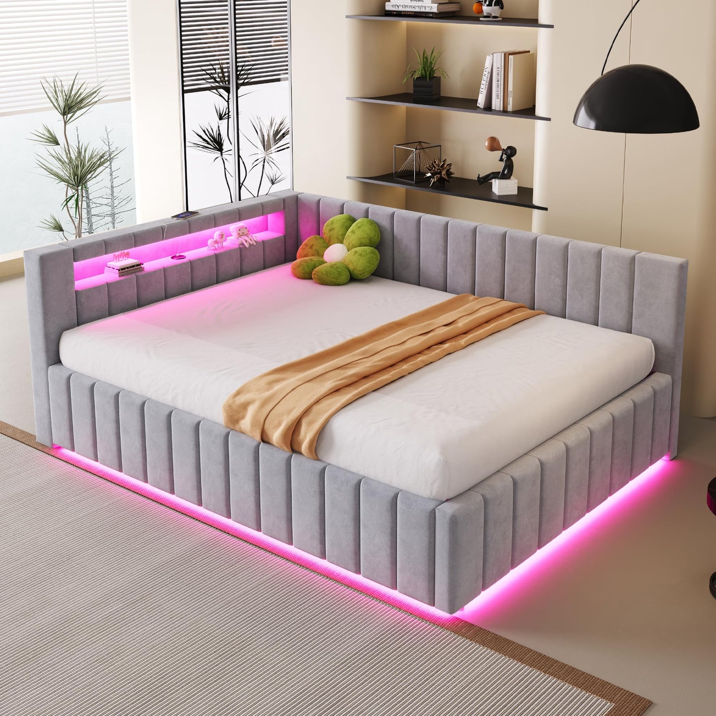 KEYIDE Upholstered Sofa Bed, 140 x 200 cm with LED Lighting and USB Charging, Bed Frame with Wooden Slatted Frame, Day Bed, Guest Bed, Youth Bed, Velvet Fabric, Without Mattress (Grey, 140 x 200)
