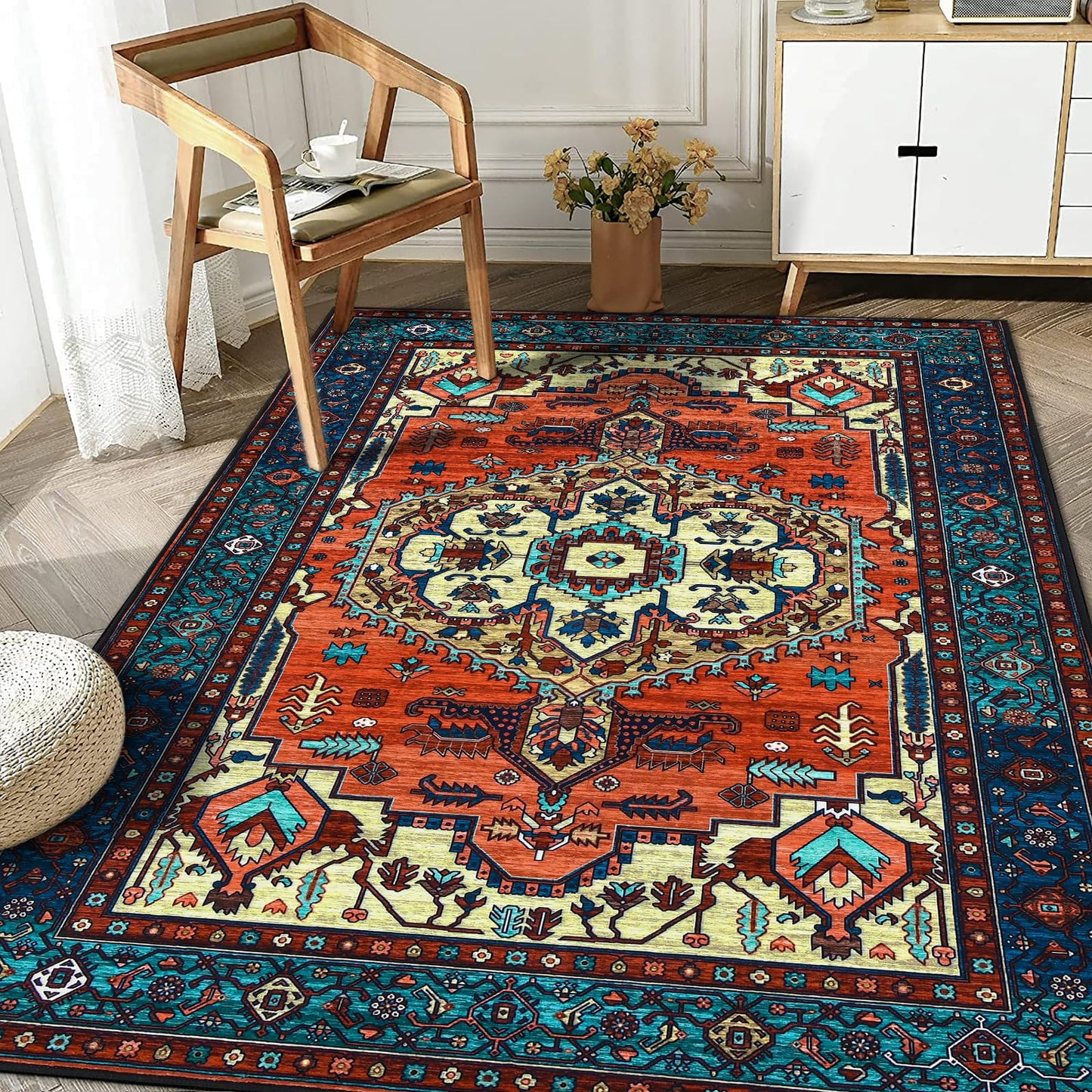 WONGS BEDDING Boho Rug Living Room Bedroom Short Pile Rugs Washable Soft Non-Slip Vintage Design
