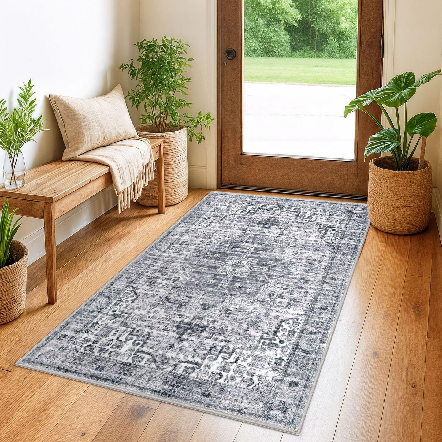 2x3 Blue Washable Rug for Entrance, Soft Traditional Area Rug, Non-Slip Printed Kitchen Rugs, Low-Pile Medallion Indoor Door Mat, Small Farmhouse Carpet for Entryway Kitchen Foyer Bedside