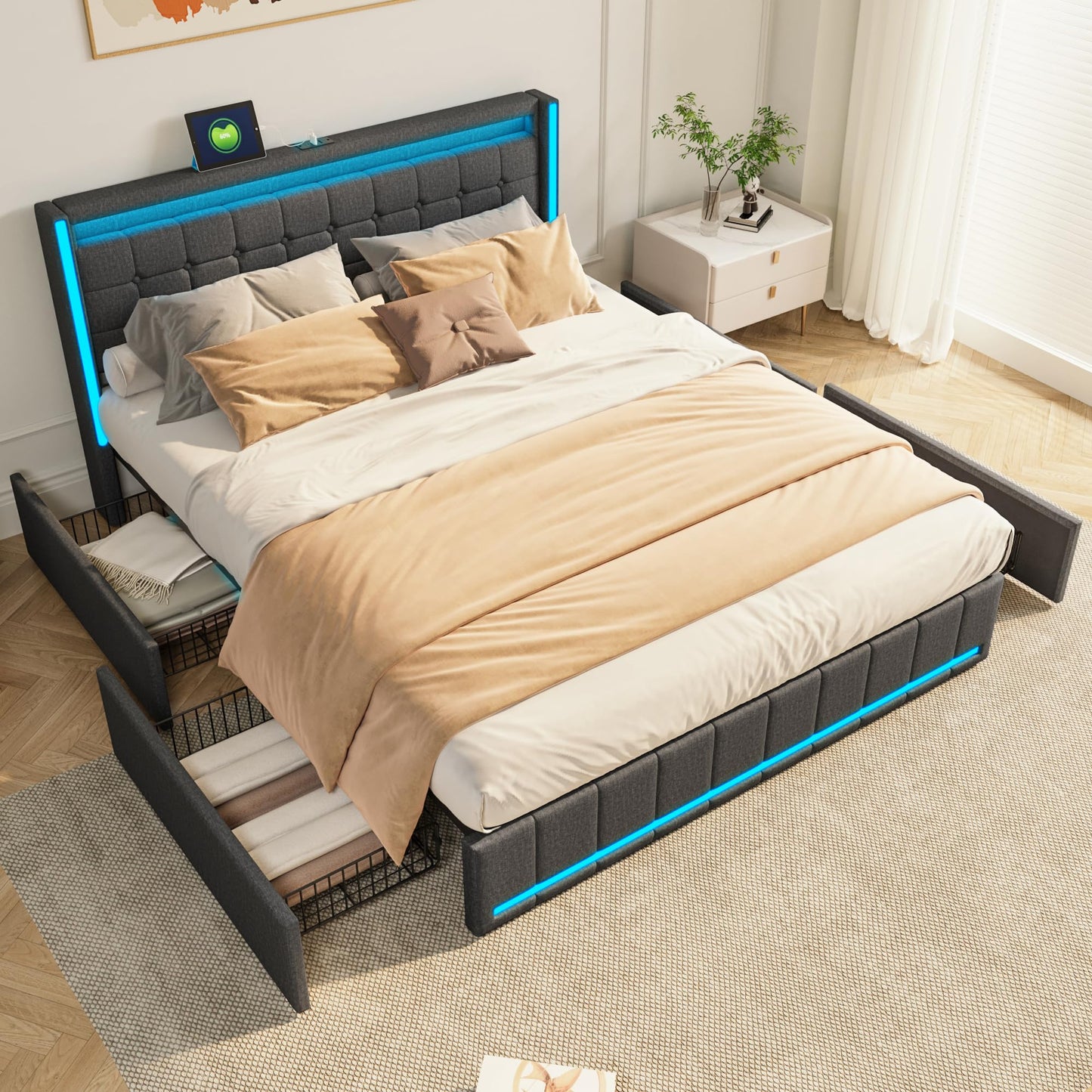 KeepGoon Doppelbett 140 x 200 cm,Polsterbett mit LED-Leuchten, 4 Eisenschubladen und einem USB Ladeanschluss,Stauraumbetten Bettgestell,Leinenstoff (Beige)