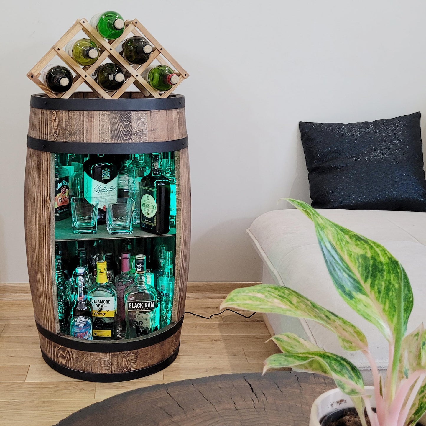 weeco Wooden Barrel with Wine Holder RGB LED Lighting - Wine Rack - Rustic Decorative Bar Cabinet Wine Stand - Draught Beer, Whisky Bar Bottle Stand. Home Bar Gift for Men (Dark Brown)