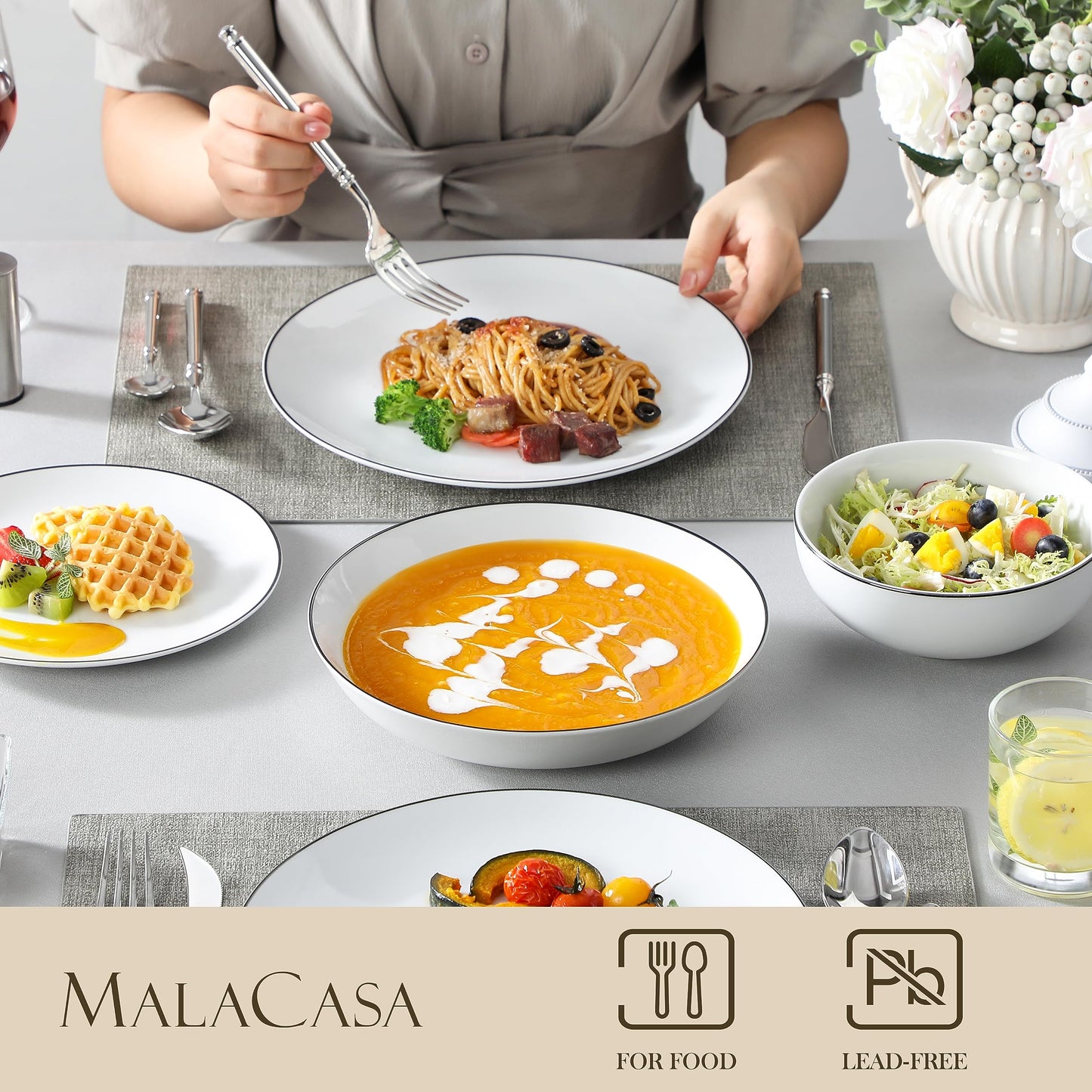 MALACASA Geschirrset 6 Personen, Amelia 24-tlg Modernes Porzellan Geschirr Set, Tafelservice mit je 6 Speiseteller, Dessertteller, Suppenteller und Müslischalen, Teller Set 6 Personen - Weiß