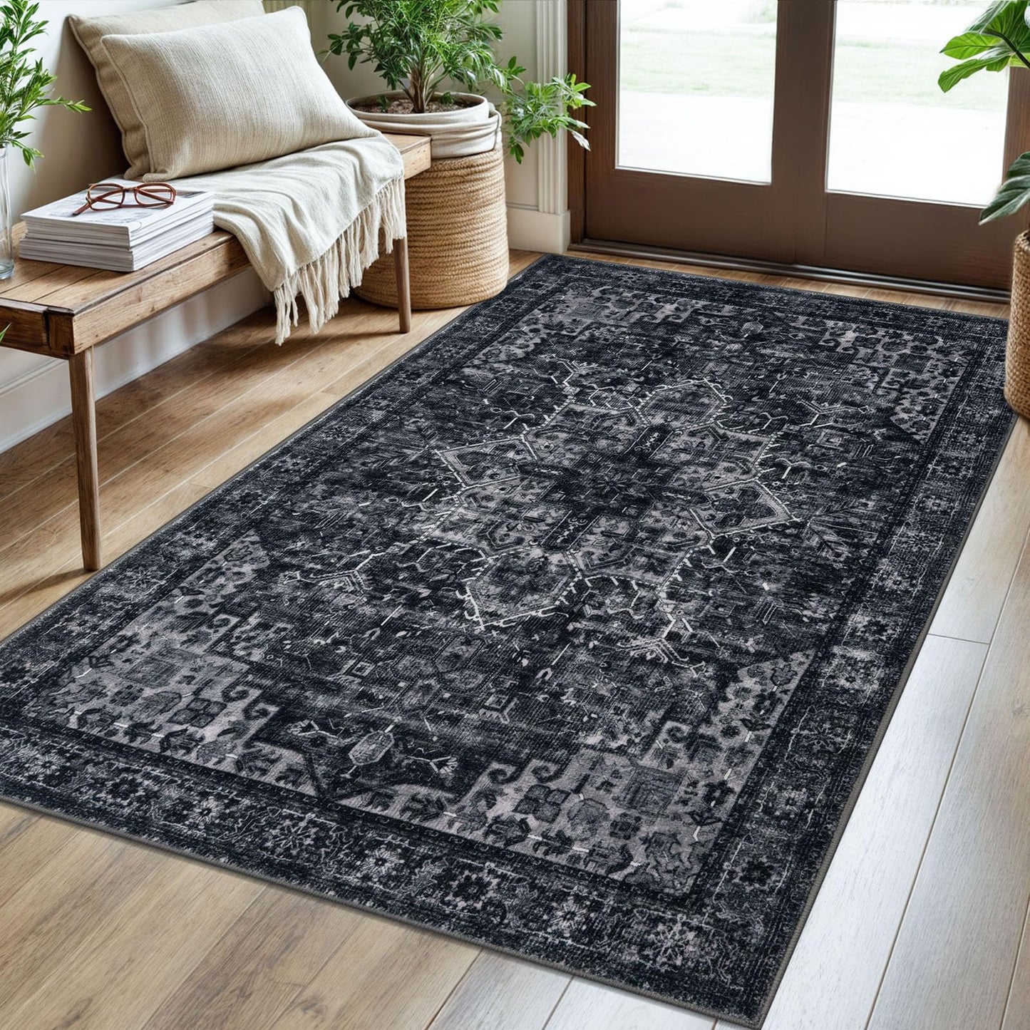 2x3 Blue Washable Rug for Entrance, Soft Traditional Area Rug, Non-Slip Printed Kitchen Rugs, Low-Pile Medallion Indoor Door Mat, Small Farmhouse Carpet for Entryway Kitchen Foyer Bedside