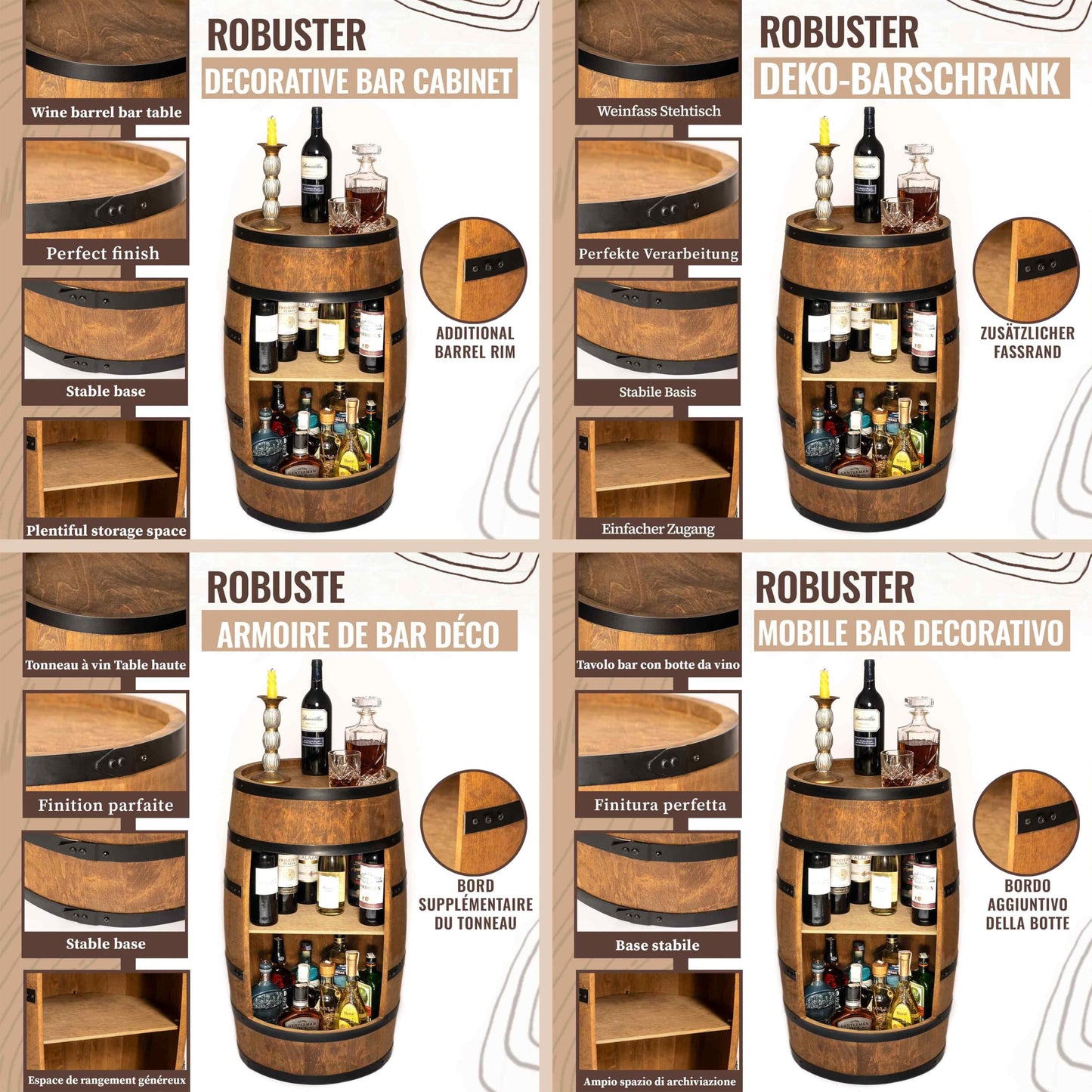 CREATIVE COOPER Wine Barrel Bar Table - Mini Bar Shelf Round - Alcohol Shrank Bottle Rack Wooden Shelves - Wooden Barrel Decoration - Wine Rack - Barrel Furniture - Wine Rack - Furniture Living Room -