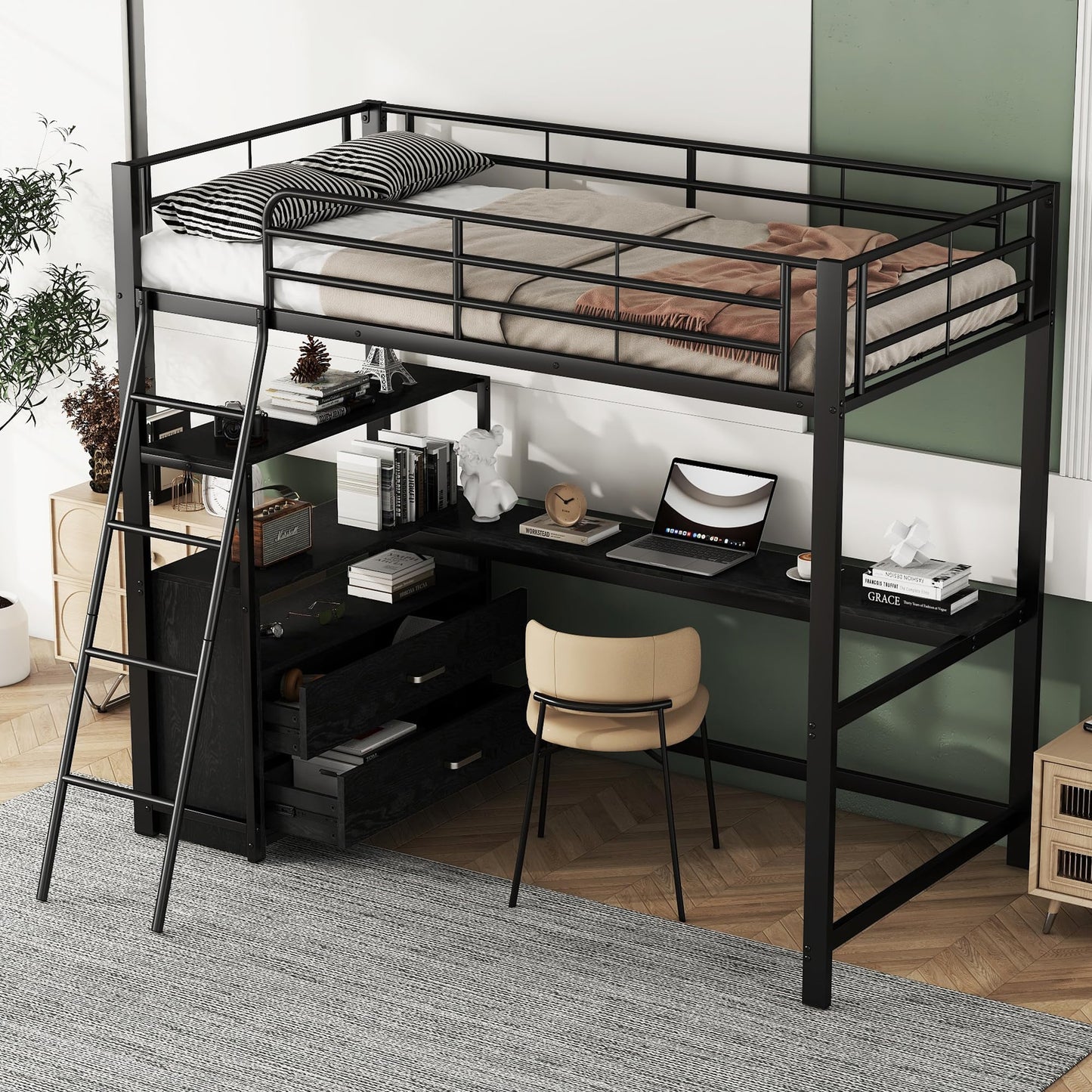 Merax Kinderbett Hochbett 90x200 cm Metallbett mit L-förmigem Schreibtisch, 2 Schubladen und Regal, Bettgestell mit Lattenrost (ohne Matratze) für Kinder/Erwachsene, Schwarz