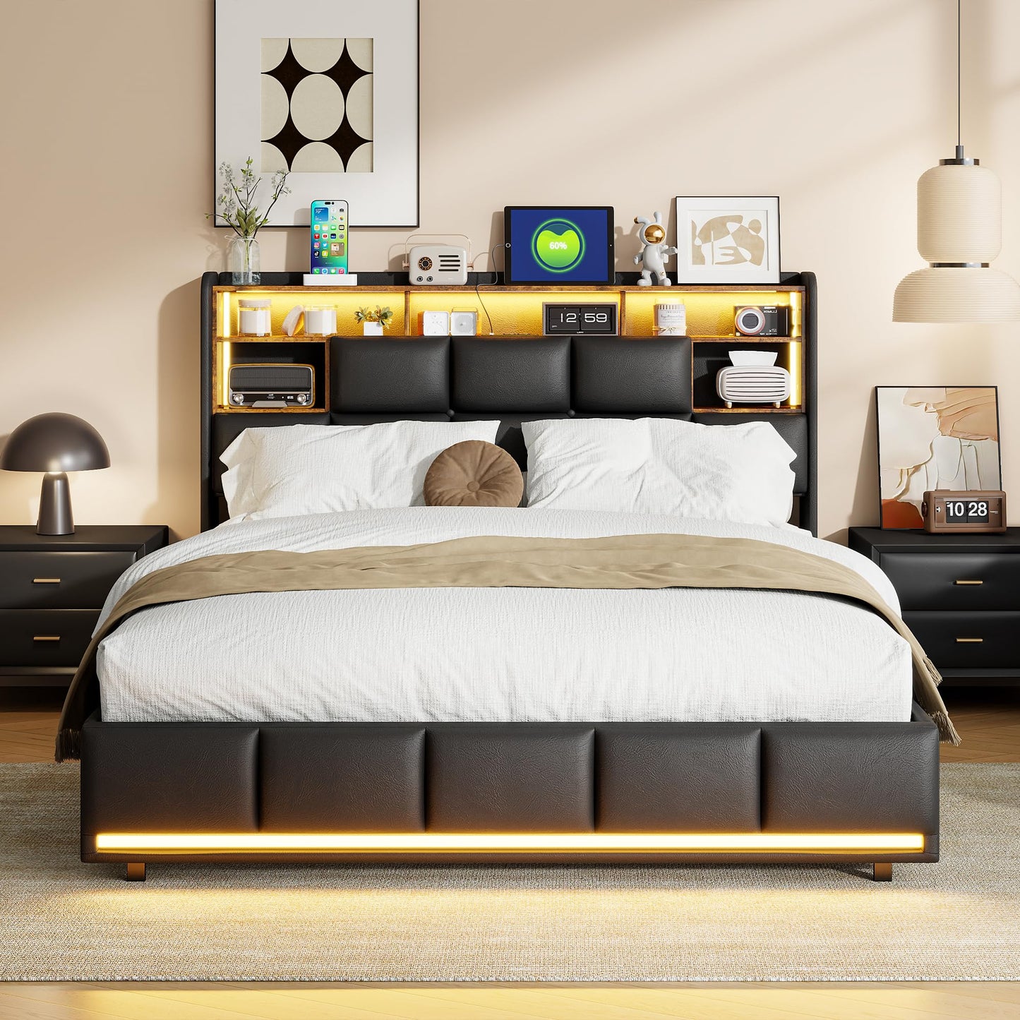 WOBOPCG Upholstered Double Bed 140 x 200, Hydraulic Storage Bed with Slatted Bases, Double Bed with Storage Space, Functional Bed with Storage Space (Grey + Flannel, 140 x 200)