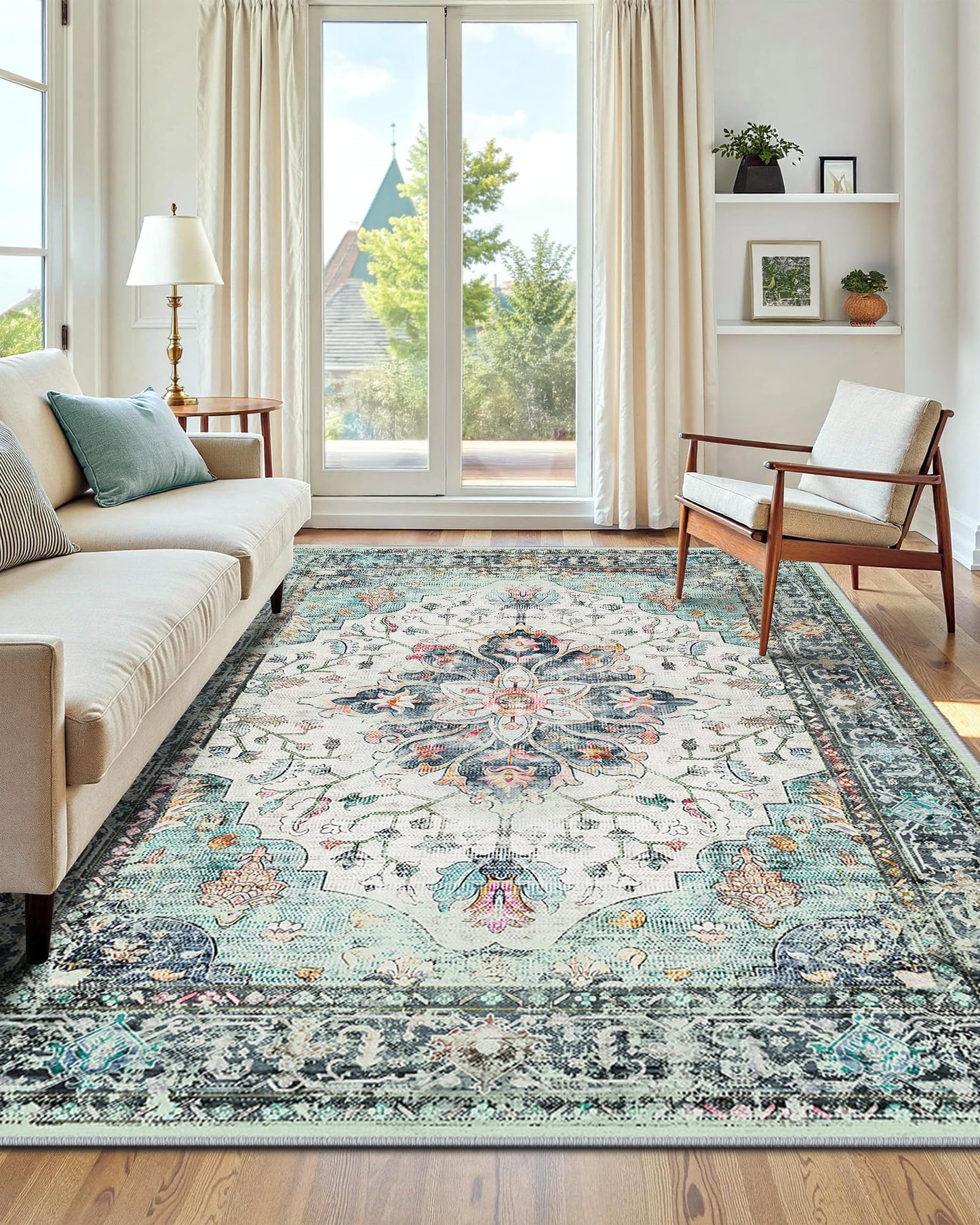 INOVADAY Vintage Waschbarer Teppich Wohnzimmer 90x150 cm Boho Kurzflor rutschfest Teppich Weich Teppiche mit Druckmuster für Schlafzimmer, Esszimmer, Büro Beige/Blau/Orange