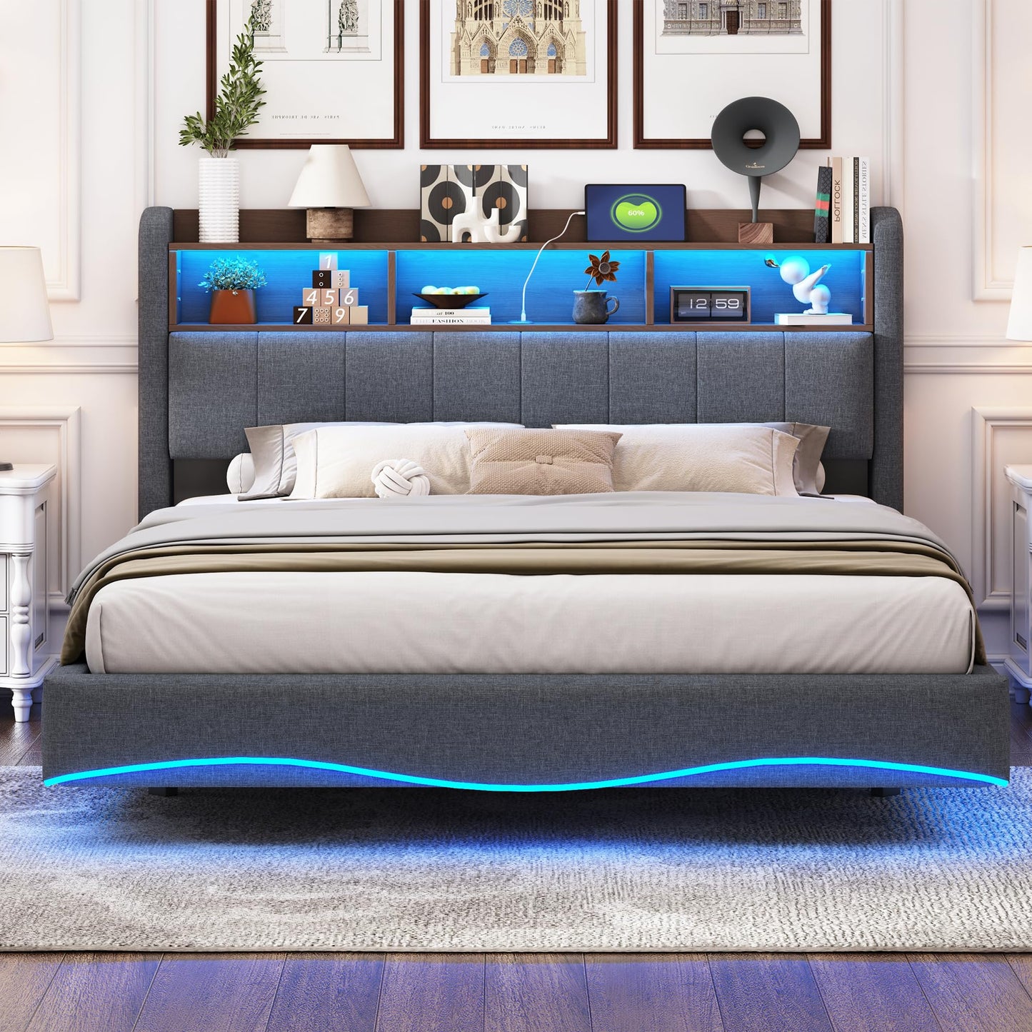 LAKFEW Polsterbett 140X200 cm, Doppelbett Stauraumbett mit LED-Beleuchtung, Erwachsenenbett mit USB/Typ-C, Bettgestell Bett mit Lattenrost, Ohne Matratze, Grau, Leinen