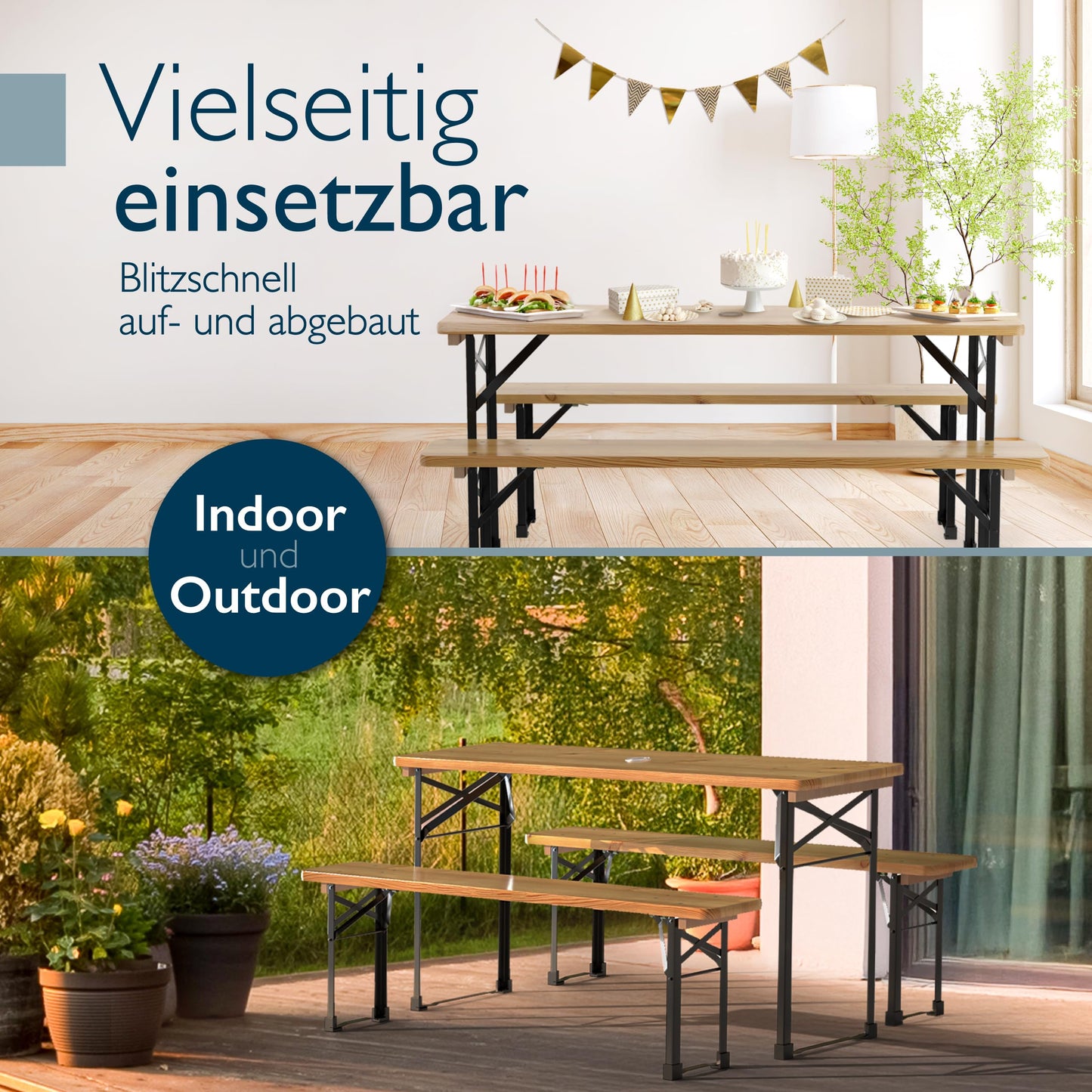 Beautissu 3tlg Bierzeltgarnitur klappbar 170x46 cm Holz - Biertischgarnitur mit Schirmloch Bierbank Bierzeltgarnitur klein - Bierbankgarnitur Biergartengarnitur Festzeltgarnitur Campingtisch Outdoor