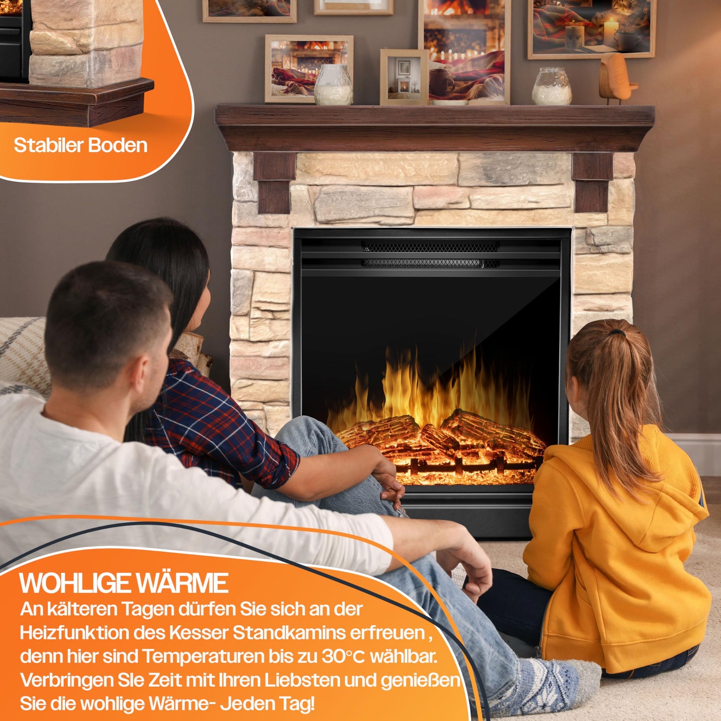KESSER® Electric Fireplace with LED 3D Flame Effect, Heating Function, 1,800 W Power, Timer, Thermostat, Remote Control, Dimmable, Stone Look/Grey