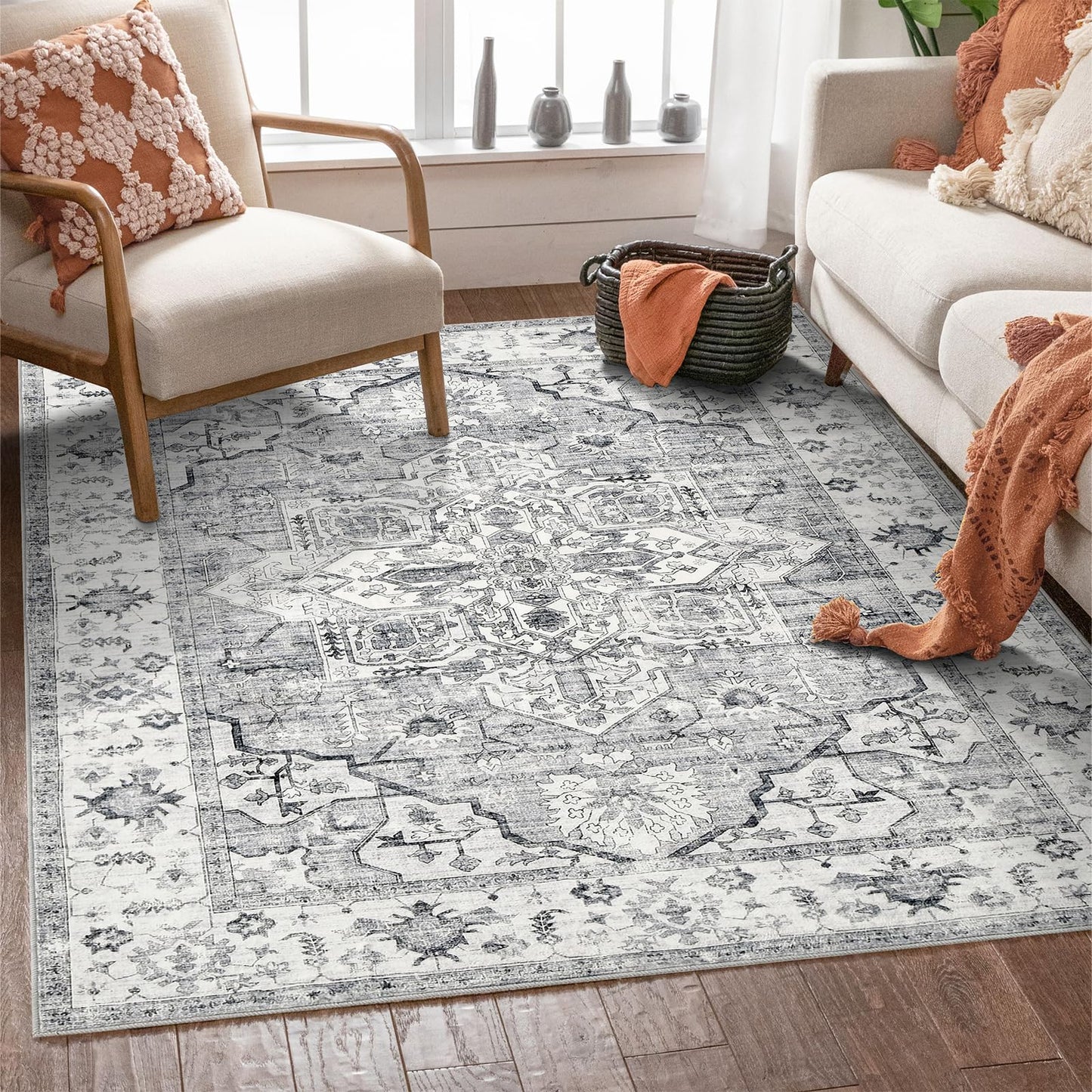 WONGS BEDDING Boho Rug Living Room Bedroom Short Pile Rugs Washable Soft Non-Slip Vintage Design