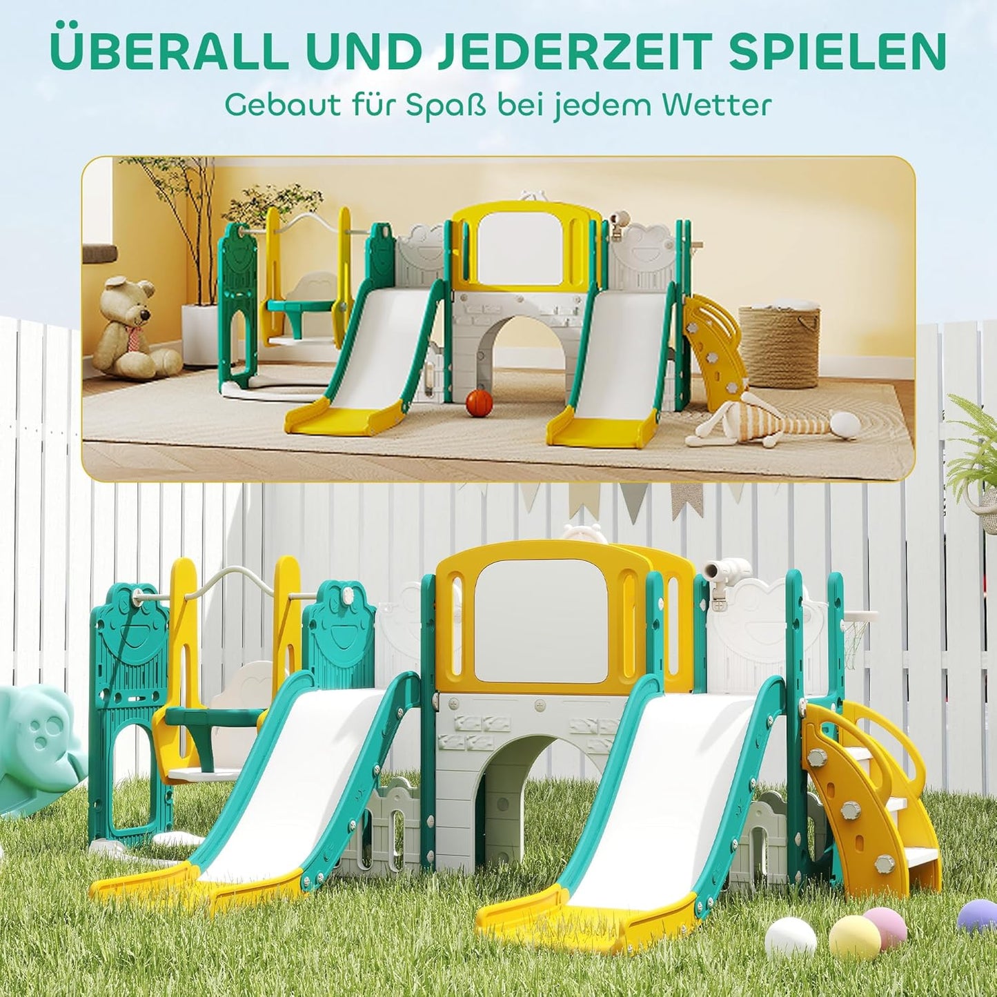 AIRPLAY Kinder Rutsche 9 in 1 Kleinkind Rutsche mit Basketballkorb, 2 Rutsche, Klettergerüst, Schaukel, Tunnel, Fernrohr, Reißbrett, Froschmotiv und Aufbewahrungsbox usw. Indoor Outdoor für 1-3 Jahre