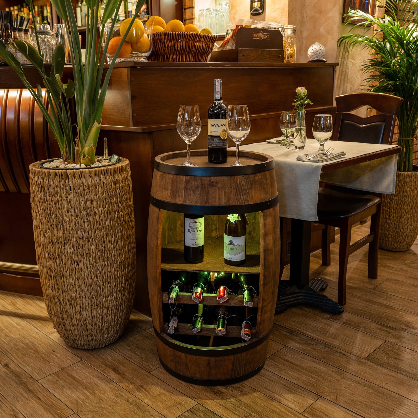 CREATIVE COOPER Weinregal - Weinschrank Mini Bar - Alkohol Schrank mit LED - Weinfass - Fass bar - Weinbar - Fassbar - Barschrank - 80cm hoch - Retro deko Bar Regal - Hausbar Theke - Fassmöbel Eiche