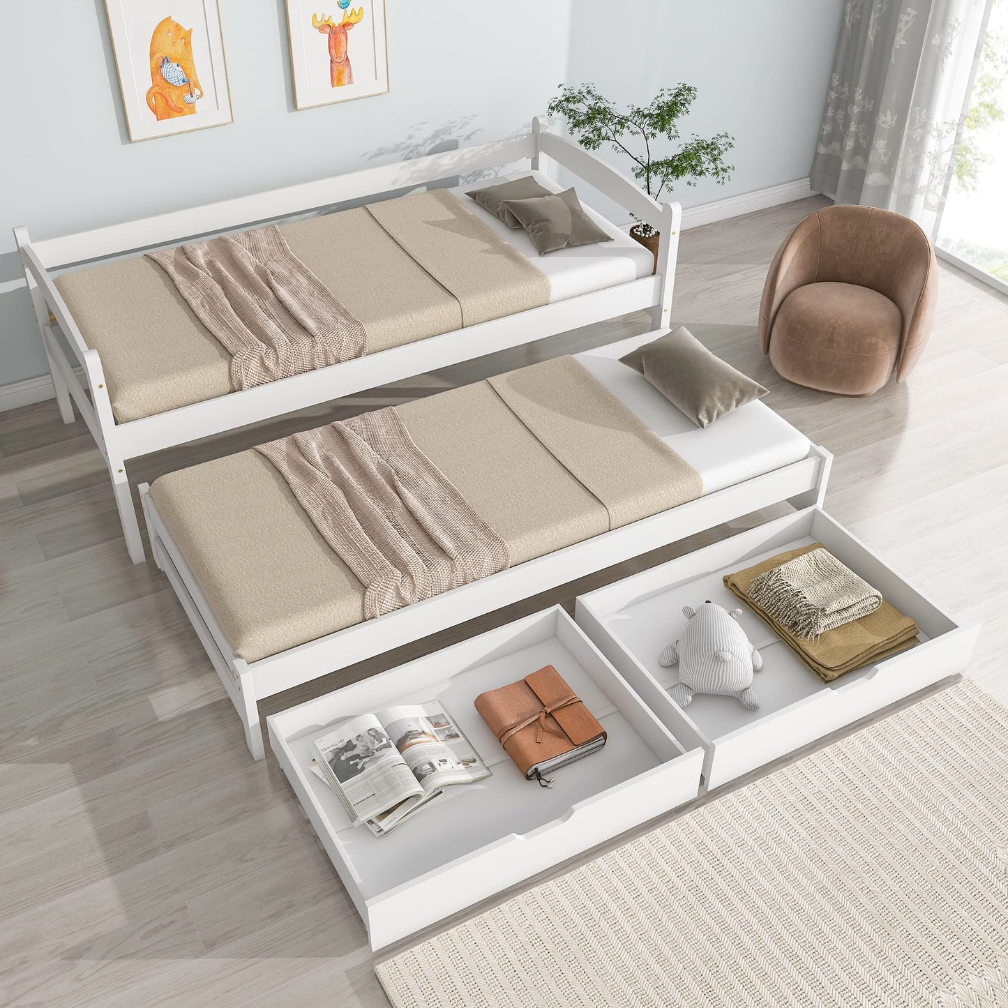TZCIN Kinderbett 140x200 cm Doppelbett, Holzbett mit Stauschrank, Bücherregal, Regal und Schubladen, Flachbett Stauraumbett Funktionsbett Jugendbett, Bettgestell mit Lattenrost, Ohne Matratze, Weiß