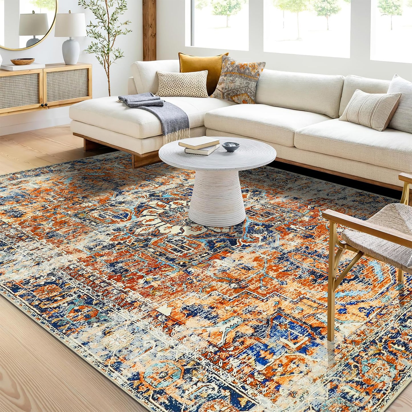 WONGS BEDDING Boho Rug Living Room Bedroom Short Pile Rugs Washable Soft Non-Slip Vintage Design