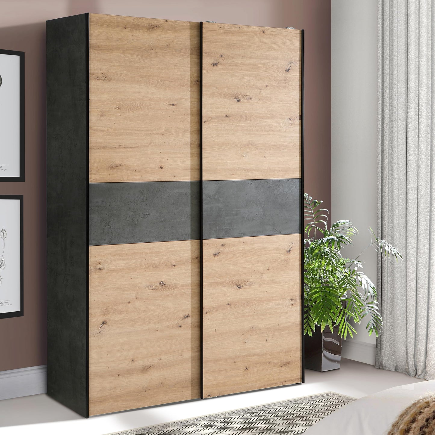 FORTE OZZULA Wardrobe 120, Wardrobe, Sliding Door Wardrobe, Bedroom Wardrobe, Scandinavian 2 Door Shelves, Clothes Rail, White/Artisan Oak, 120 cm Wide x 190.5 cm High x 61 cm Deep