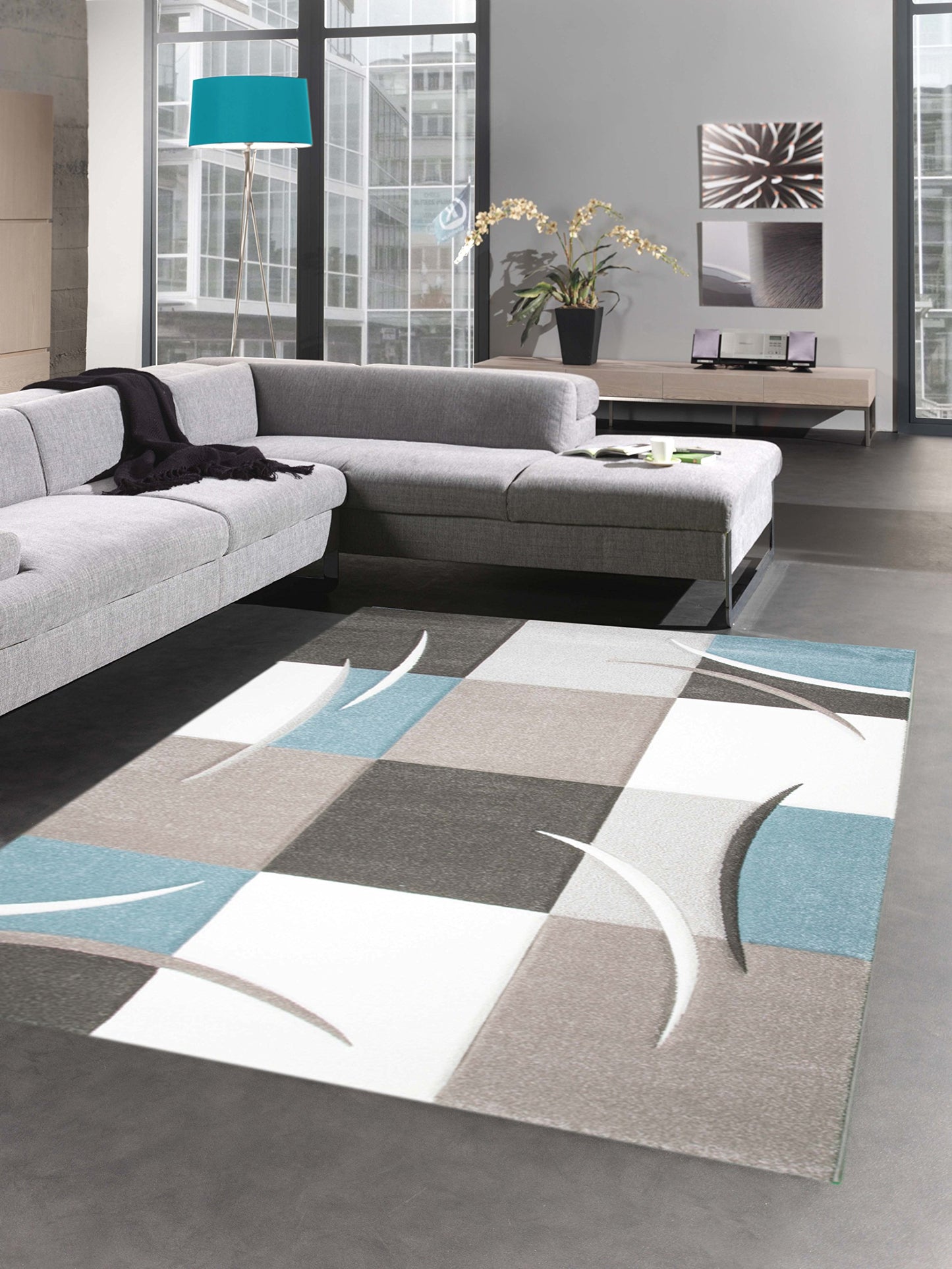 CARPETIA Modern Short Pile Living Room Rug Contour Cut Checked Abstract Grey Black White Turquoise Size 60 x 110 cm