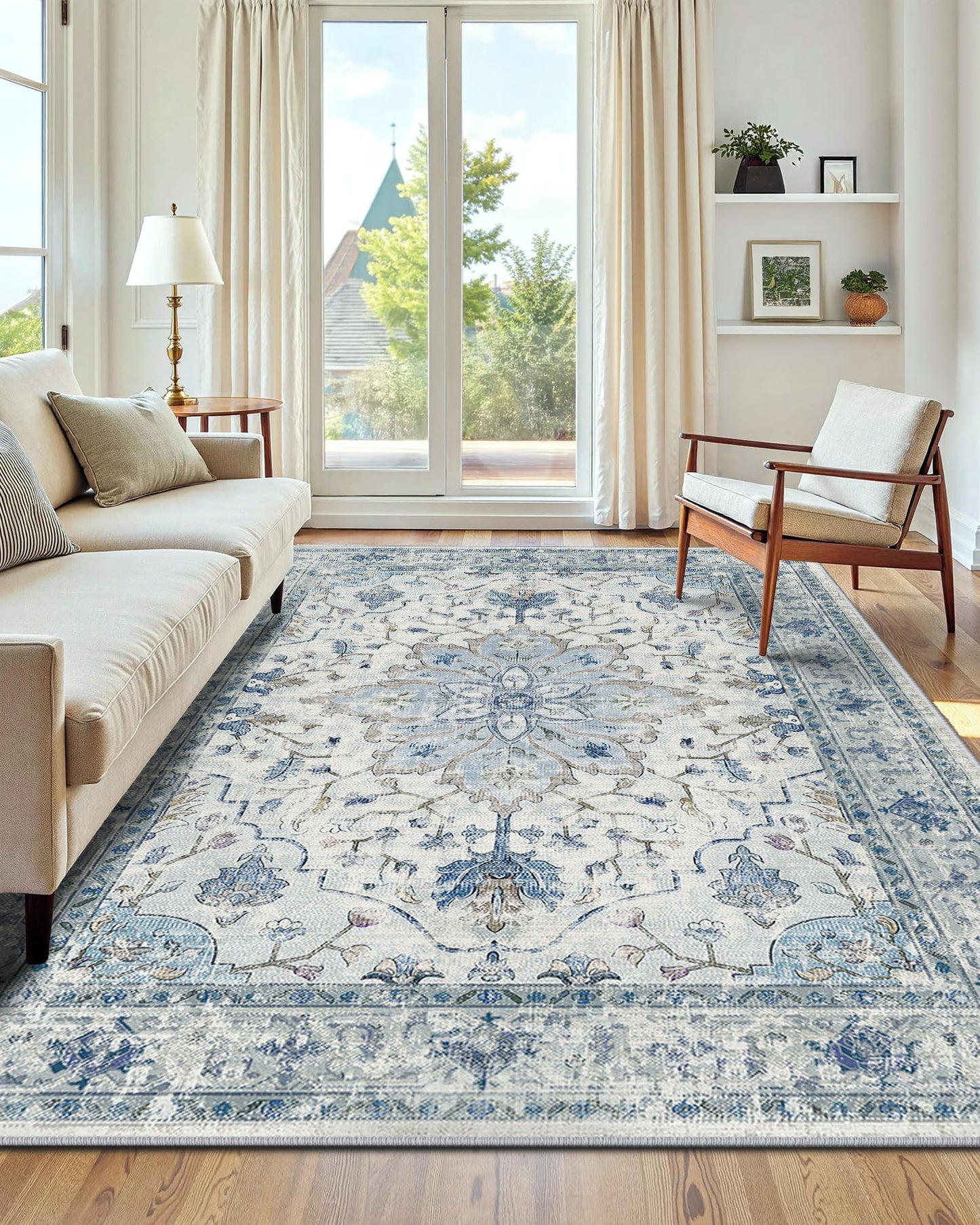 INOVADAY Vintage Waschbarer Teppich Wohnzimmer 90x150 cm Boho Kurzflor rutschfest Teppich Weich Teppiche mit Druckmuster für Schlafzimmer, Esszimmer, Büro Beige/Blau/Orange