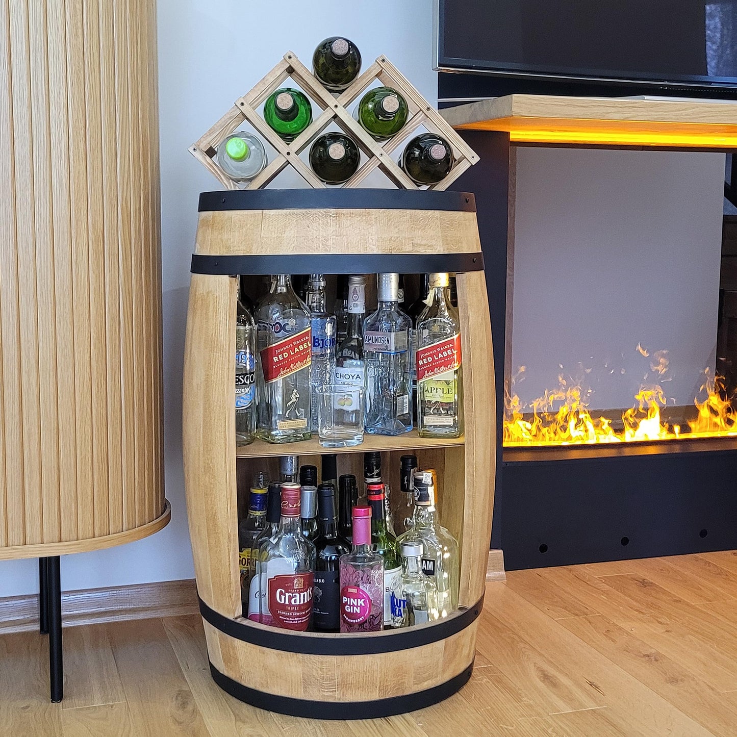 Barrel Bar with LED Lighting and Wine Holder Wine Rack - Wooden Barrel Home Bar 80 cm Rustic Decorative Bar Cabinet Wine Stand - Barrel Beer Wine Bottle Stand - Bar Whisky Gift (Dark Brown)