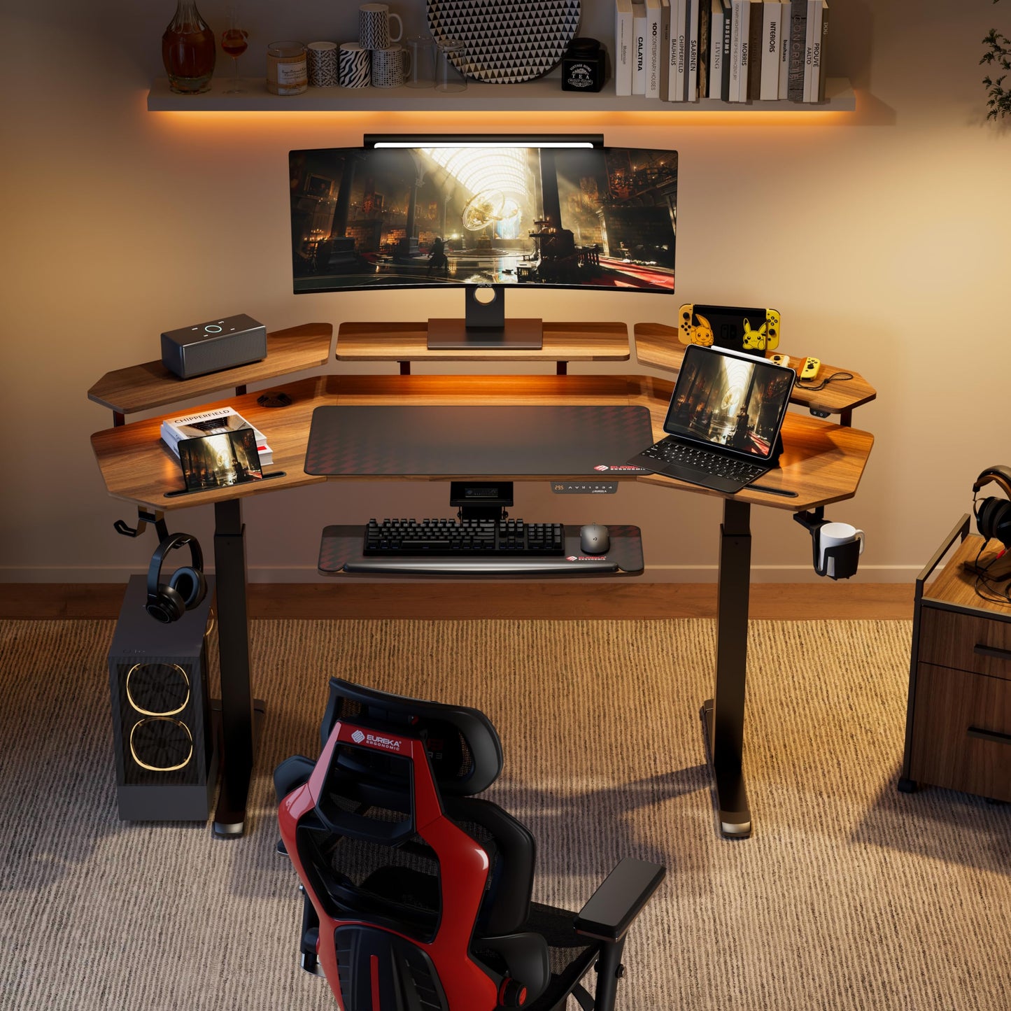 EUREKA ERGONOMIC Height Adjustable Desk 182 x 76 cm Standing Desk in Wing Shape Gaming Table Height Adjustable Electric Large Gaming Desk with LED Monitor Stand and Keyboard Shelf
