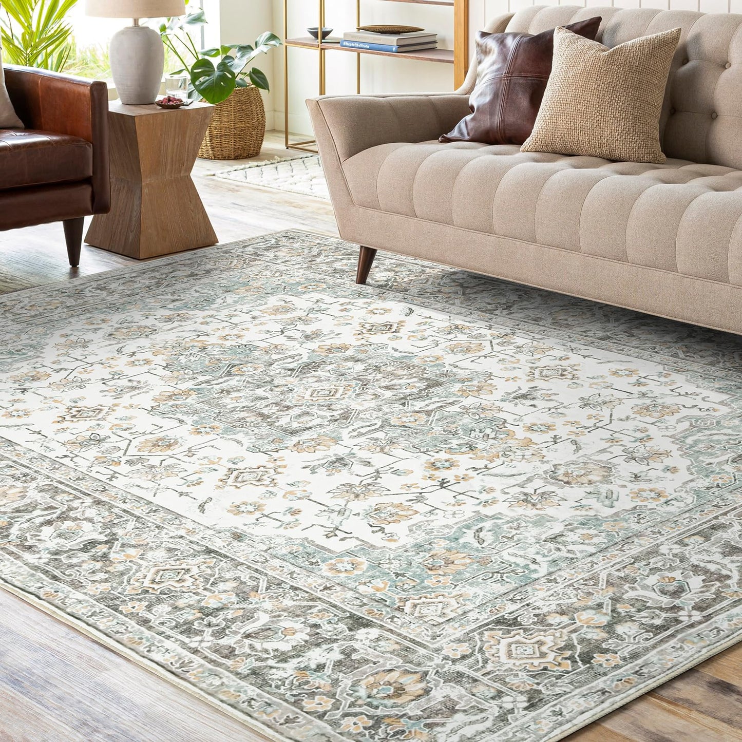 WONGS BEDDING Boho Rug Living Room Bedroom Short Pile Rugs Washable Soft Non-Slip Vintage Design