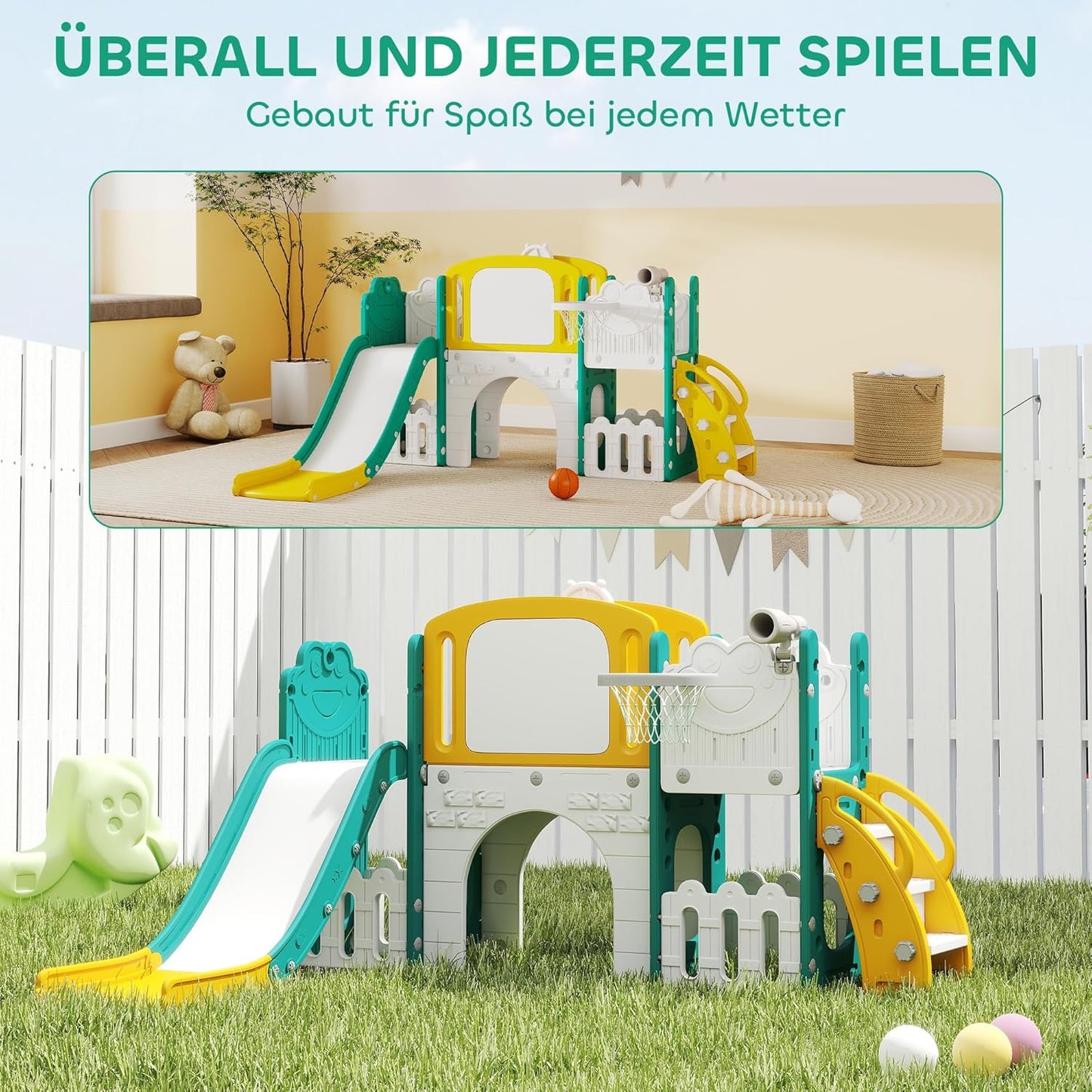 AIYAPLAY Children's Slide 7-in-1 Indoor and Outdoor Baby Slide with Basketball Hoop, Climbing Frame, Tunnel, Play Telescope, Storage Space, Drawing Board, Frog Motif Playground for Toddlers 1-3 Years