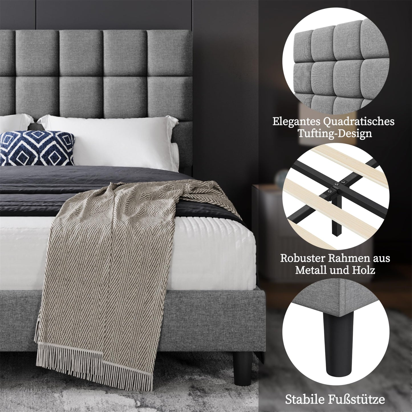 Yaheetech Upholstered Bed 140 x 200 cm Double Bed with Height-Adjustable Headboard, Sturdy Bed Frame, Fabric Bed with Slatted Frame, Padded Bed Frame, Youth Bed, Dark Grey