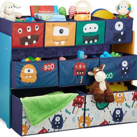 Relaxdays Kinderregal mit 9 Stoffboxen, Monster Design, HxBxT: 70 x 92,5 30 cm, Spielzeugregal fürs Kinderzimmer, bunt, Dunkelblau, Türkis, Orange