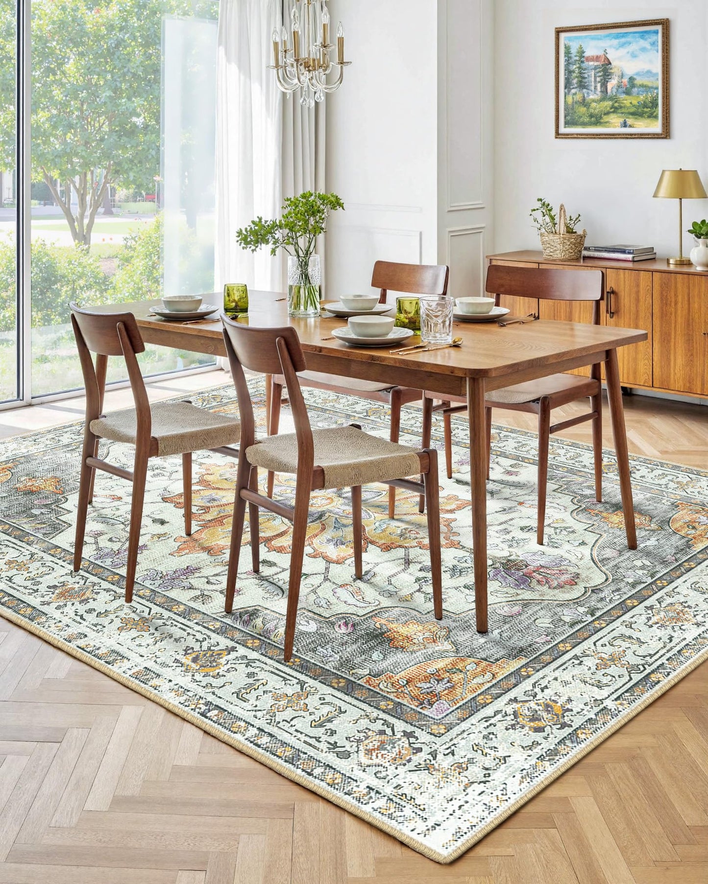 INOVADAY Vintage Waschbarer Teppich Wohnzimmer 90x150 cm Boho Kurzflor rutschfest Teppich Weich Teppiche mit Druckmuster für Schlafzimmer, Esszimmer, Büro Beige/Blau/Orange